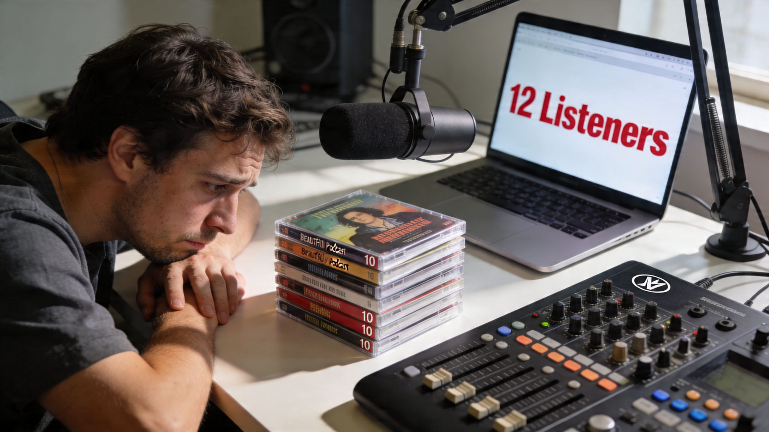 A sad podcast host sits at a desk looking at a small stack of CDs near a laptop.
