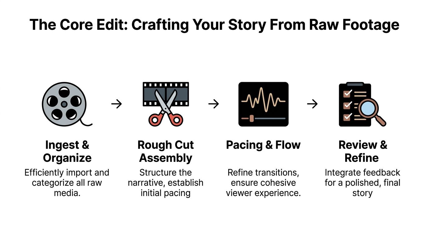 A flow chart showing the four core steps of editing a video, from ingest to final review.