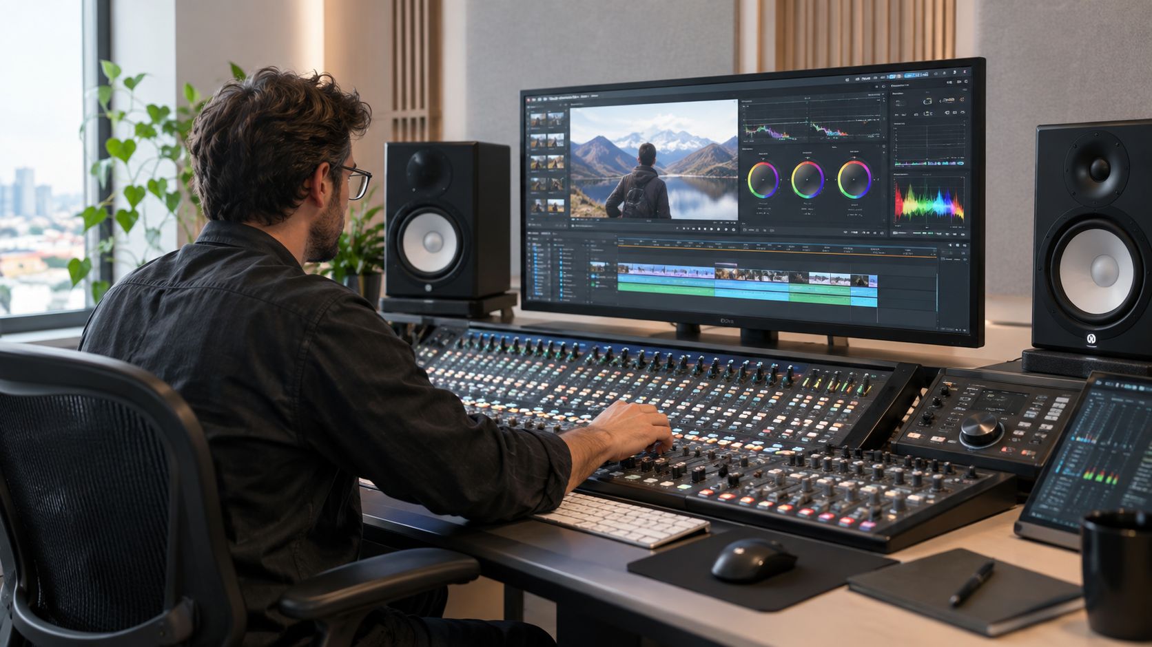 A professional video editor working on a podcast project using a large monitor and audio mixing console.
