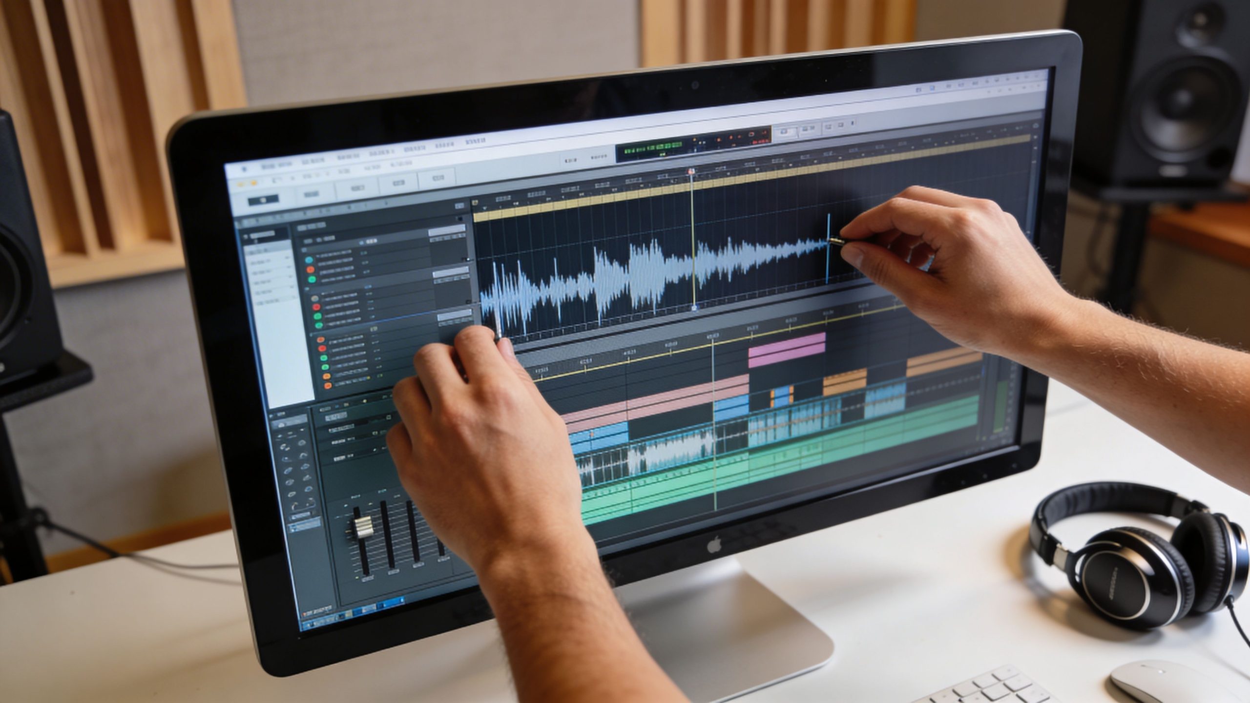 A professional audio engineer editing podcast recording files on a computer screen in a studio.