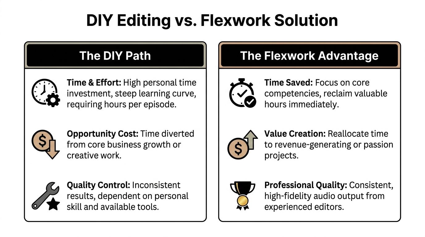 A comparison chart showing the disadvantages of DIY podcast editing versus the benefits of professional Flexwork solutions.