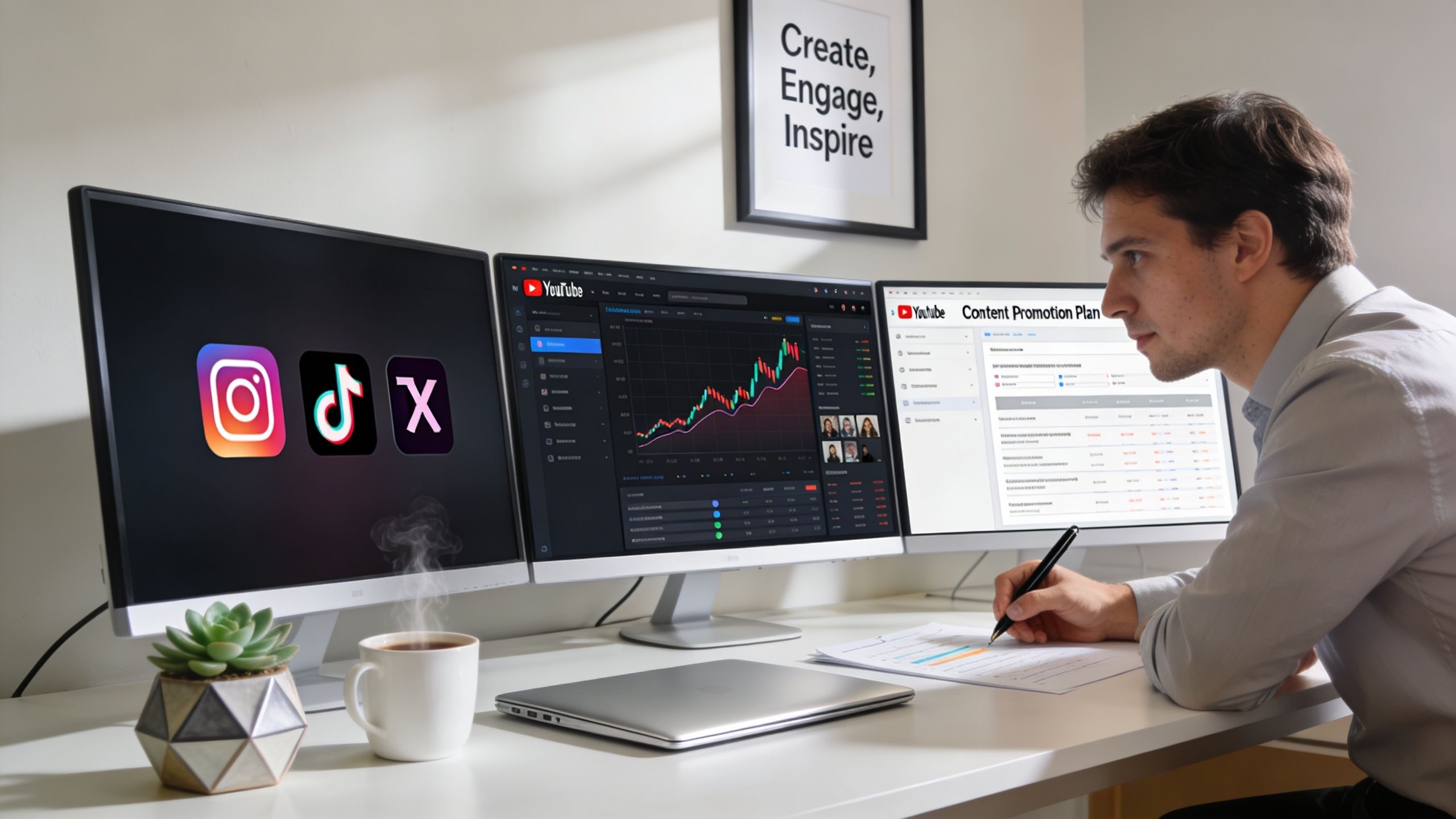 A professional man planning a content strategy with multiple monitors showing social media analytics and growth charts.