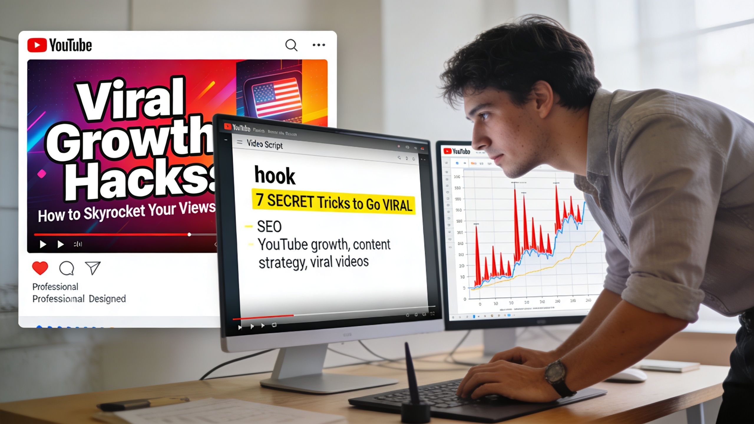 A young man analyzing YouTube growth strategies and video analytics on his computer workstation monitors.
