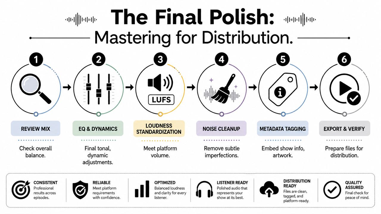 A six-step infographic illustrating the professional podcast audio mastering process from review to final distribution.