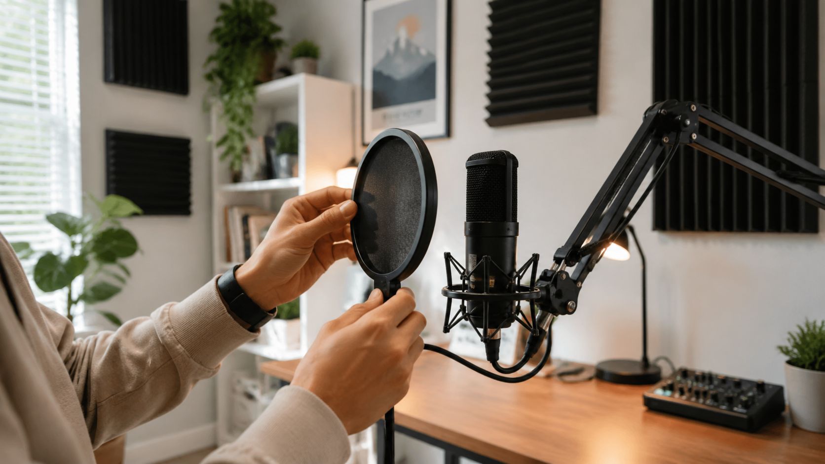 A person adjusting a microphone pop filter for a professional podcasting setup in a home studio.