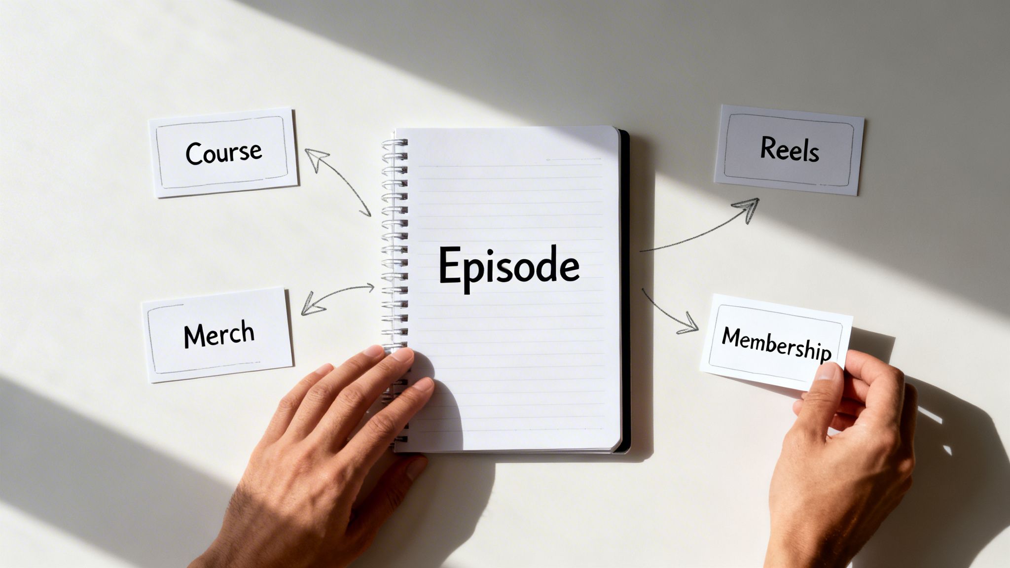 Flat lay: 'Episode' notebook with 'Course', 'Merch', 'Reels', 'Membership' cards and arrows, illustrating podcast monetization.