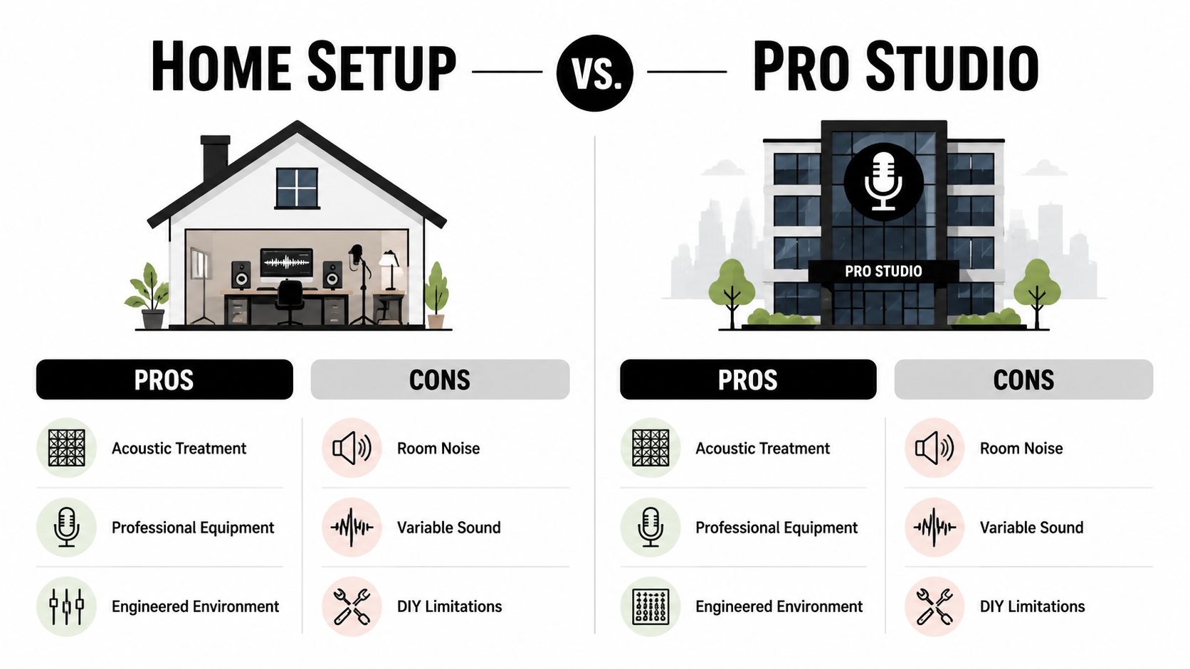 A comparison chart showing the pros and cons of setting up a home studio versus a professional studio.
