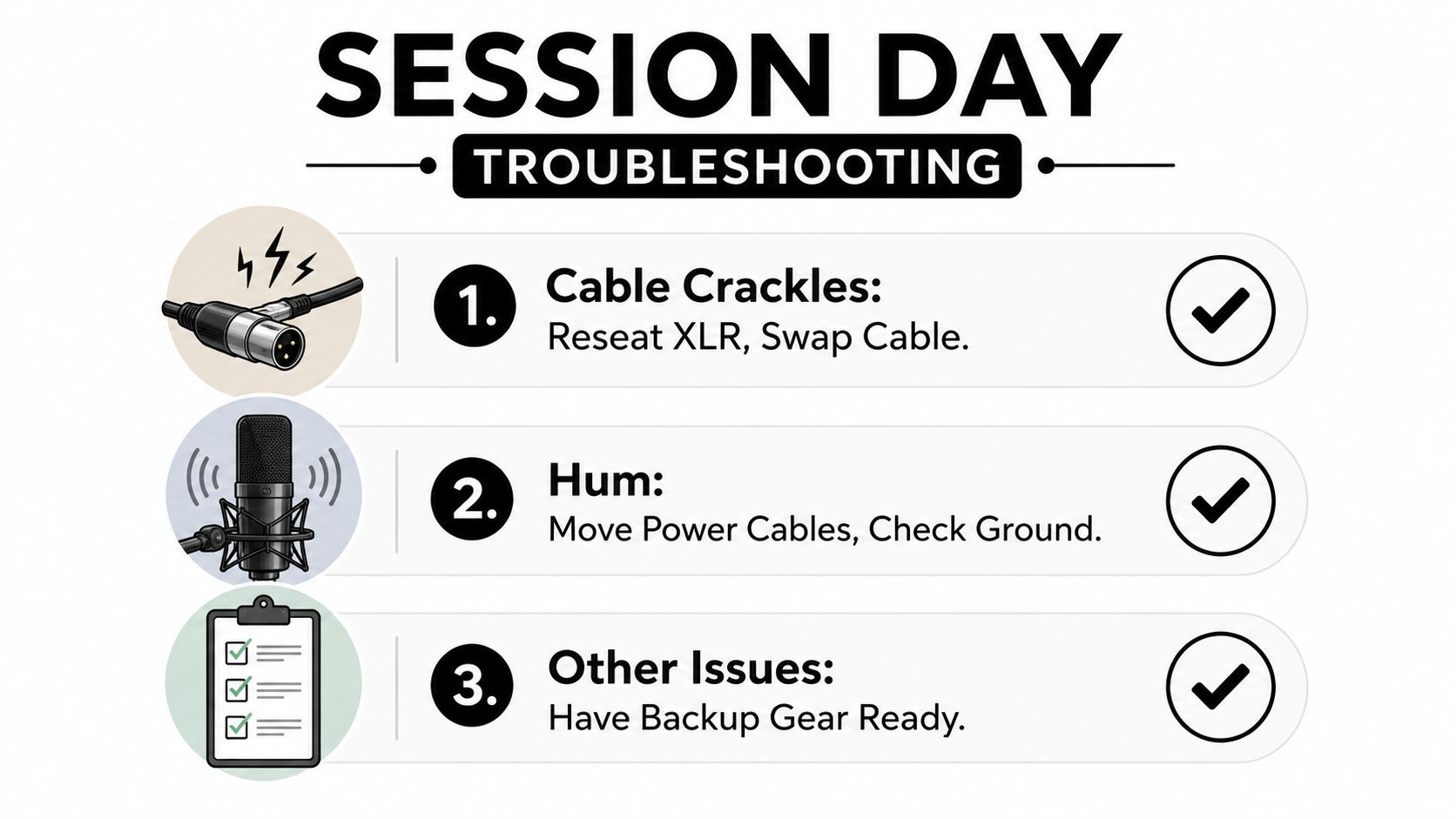 A studio troubleshooting guide infographic titled Session Day listing solutions for cable crackles, hum, and general equipment issues.