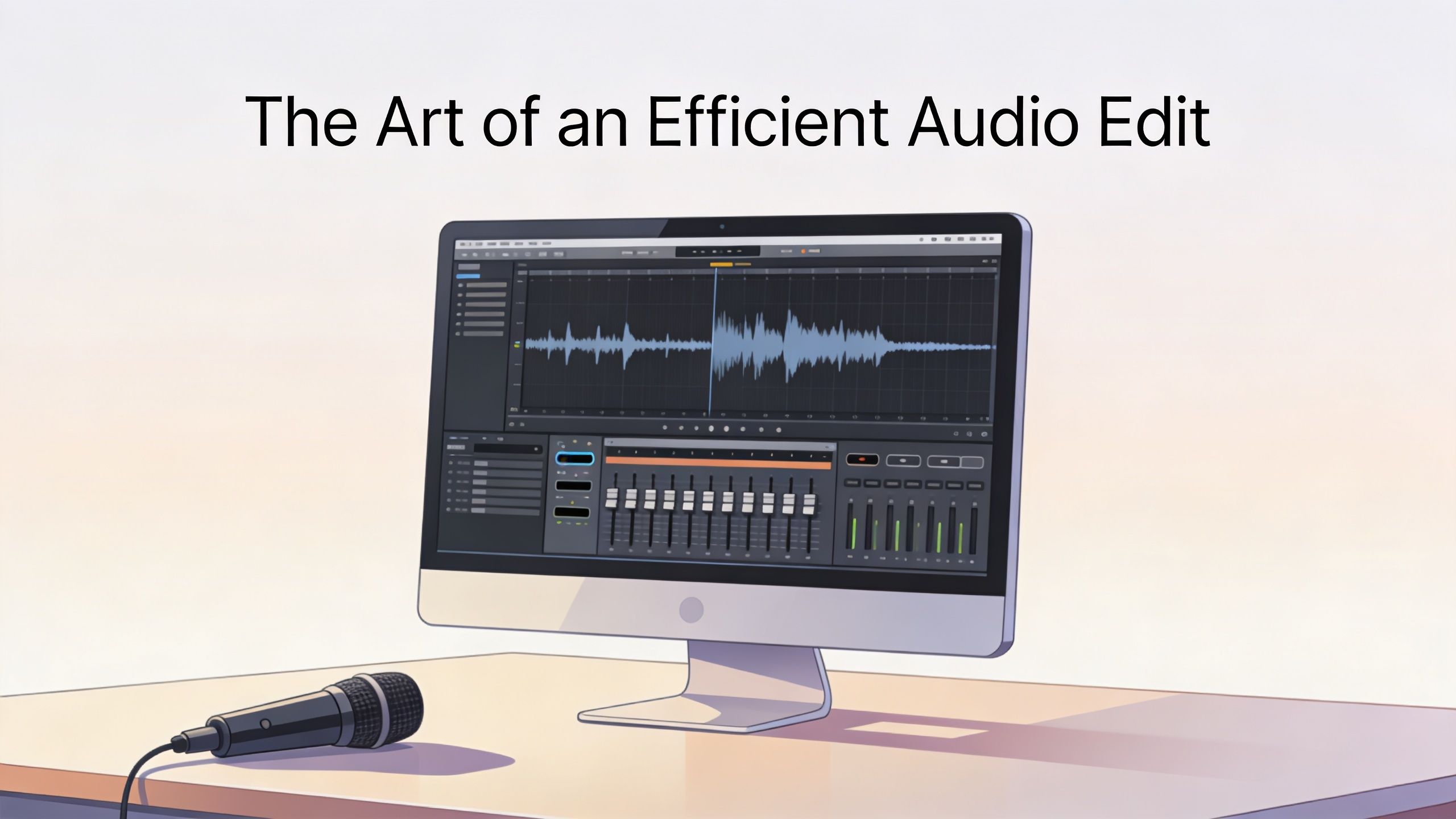 A modern computer screen displaying professional audio editing software with a microphone resting on the desk.