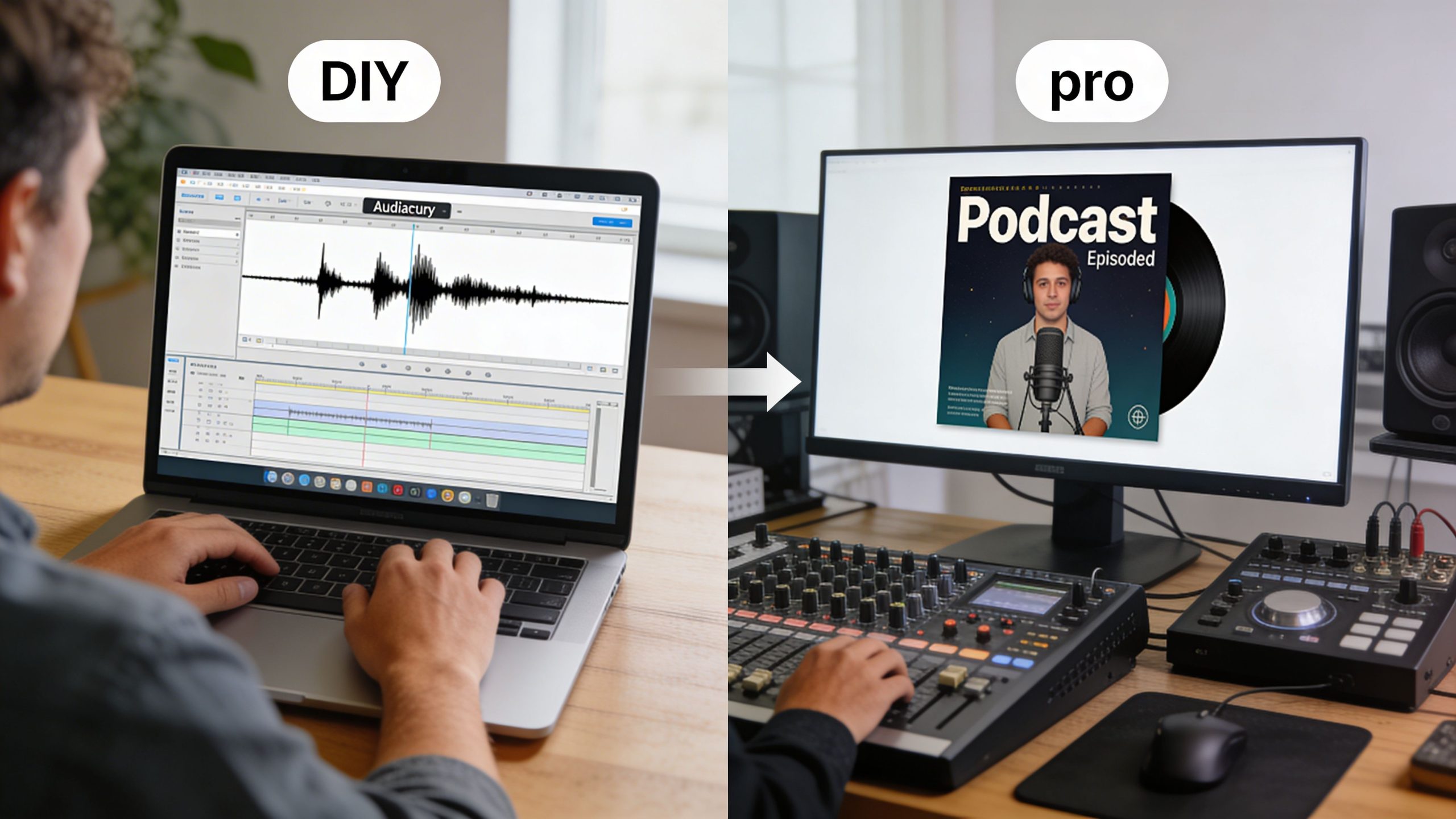 A split image showing a creator editing audio on a laptop versus a professional podcast recording setup.
