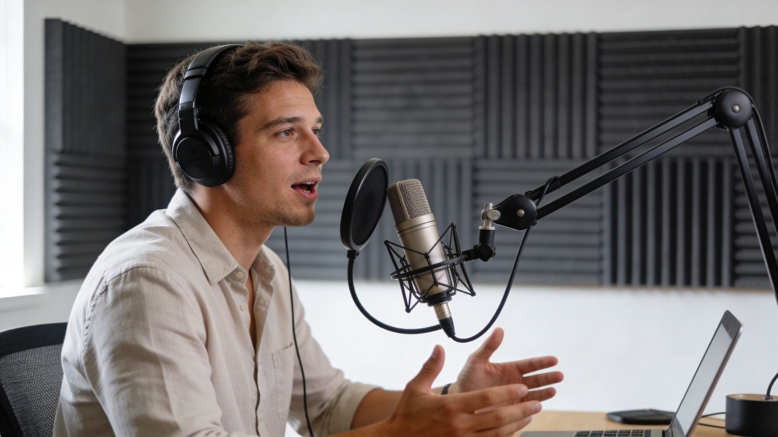 A young man recording a professional podcast in a studio with soundproof foam panels on the wall.