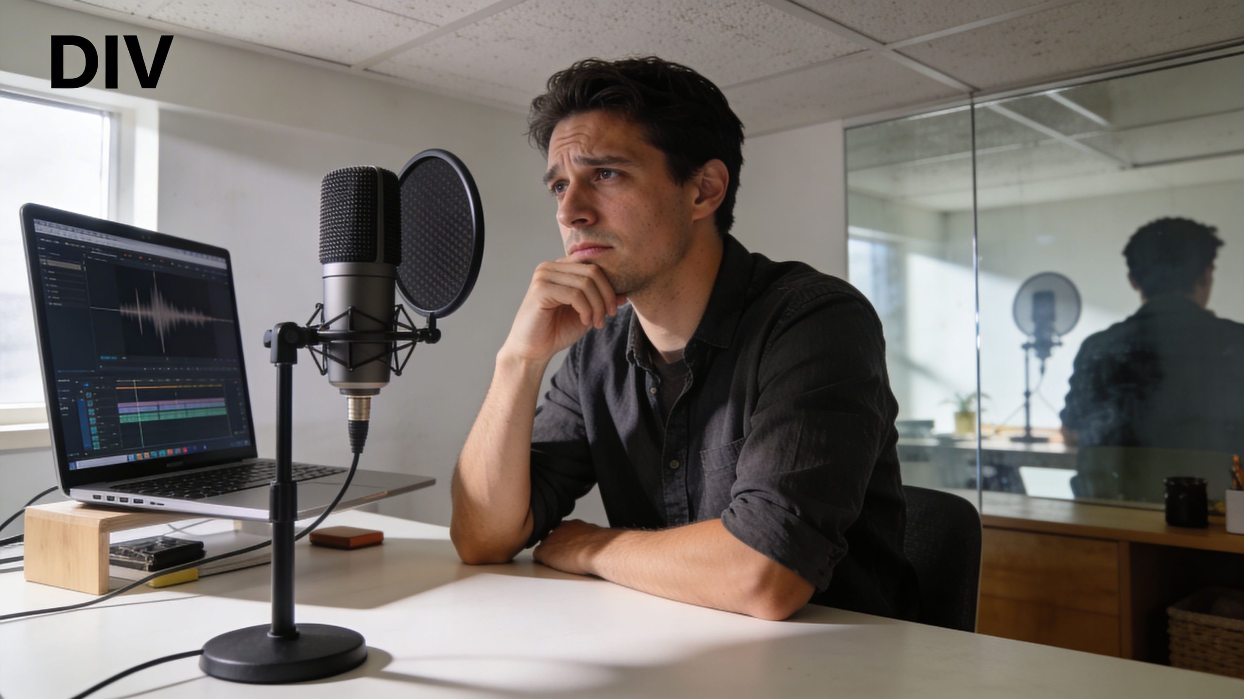 A focused man sitting at a desk with a microphone and laptop recording a professional podcast.
