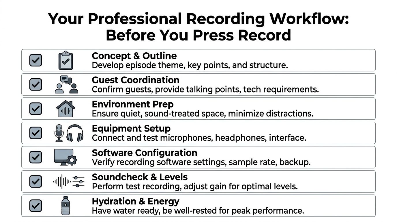 A checklist showing seven professional podcast recording workflow steps to follow before starting to record audio content.