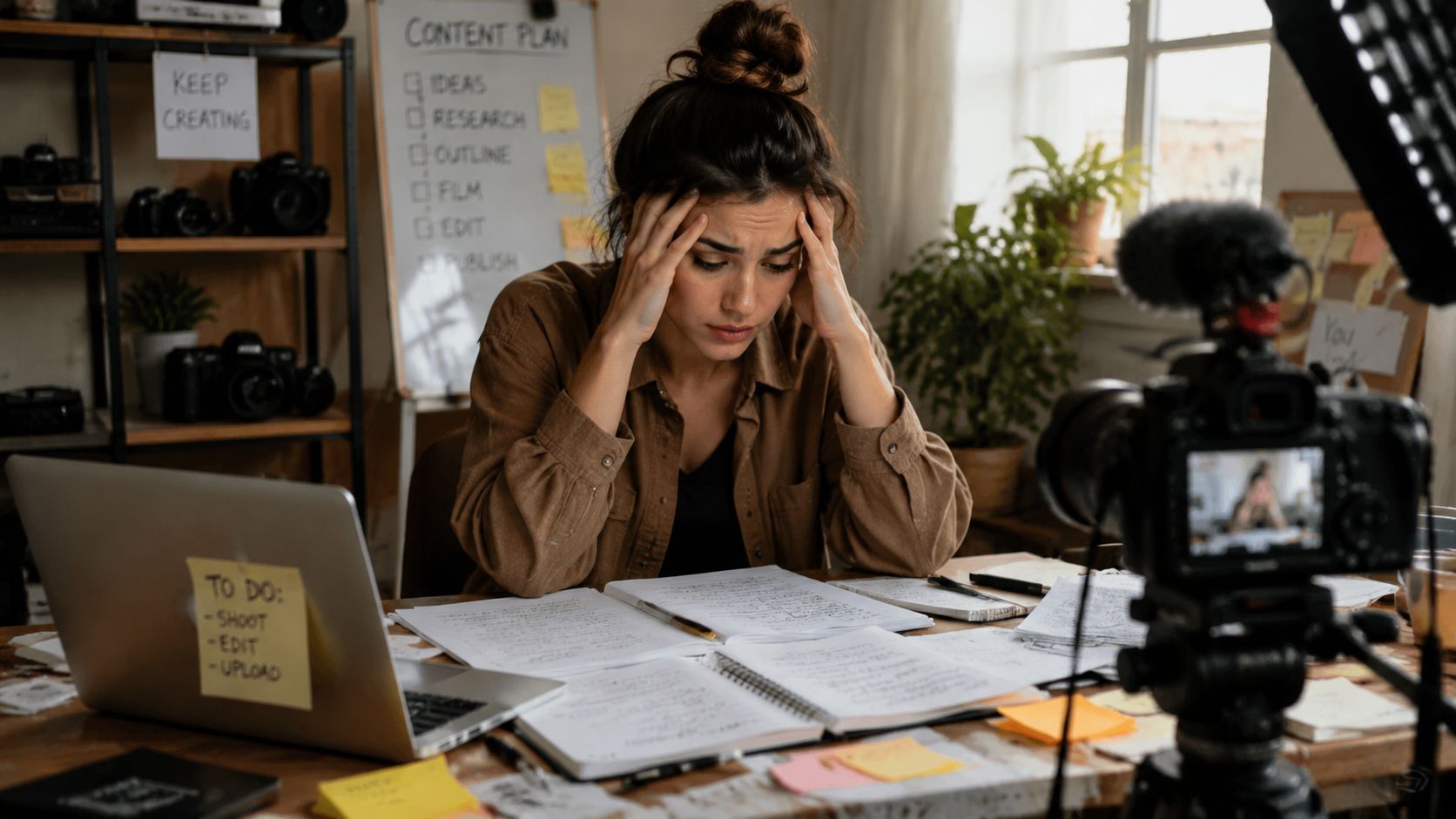 A stressed content creator sits at a desk with cameras and notebooks while filming in a home studio.