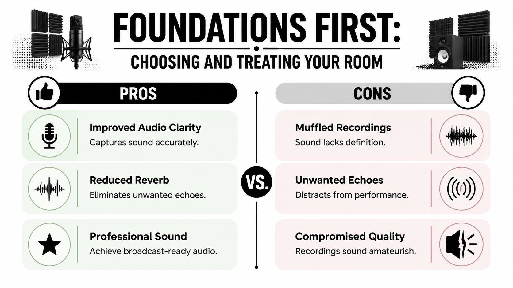 A comparison chart showing the pros and cons of acoustic room treatment for home recording studios.