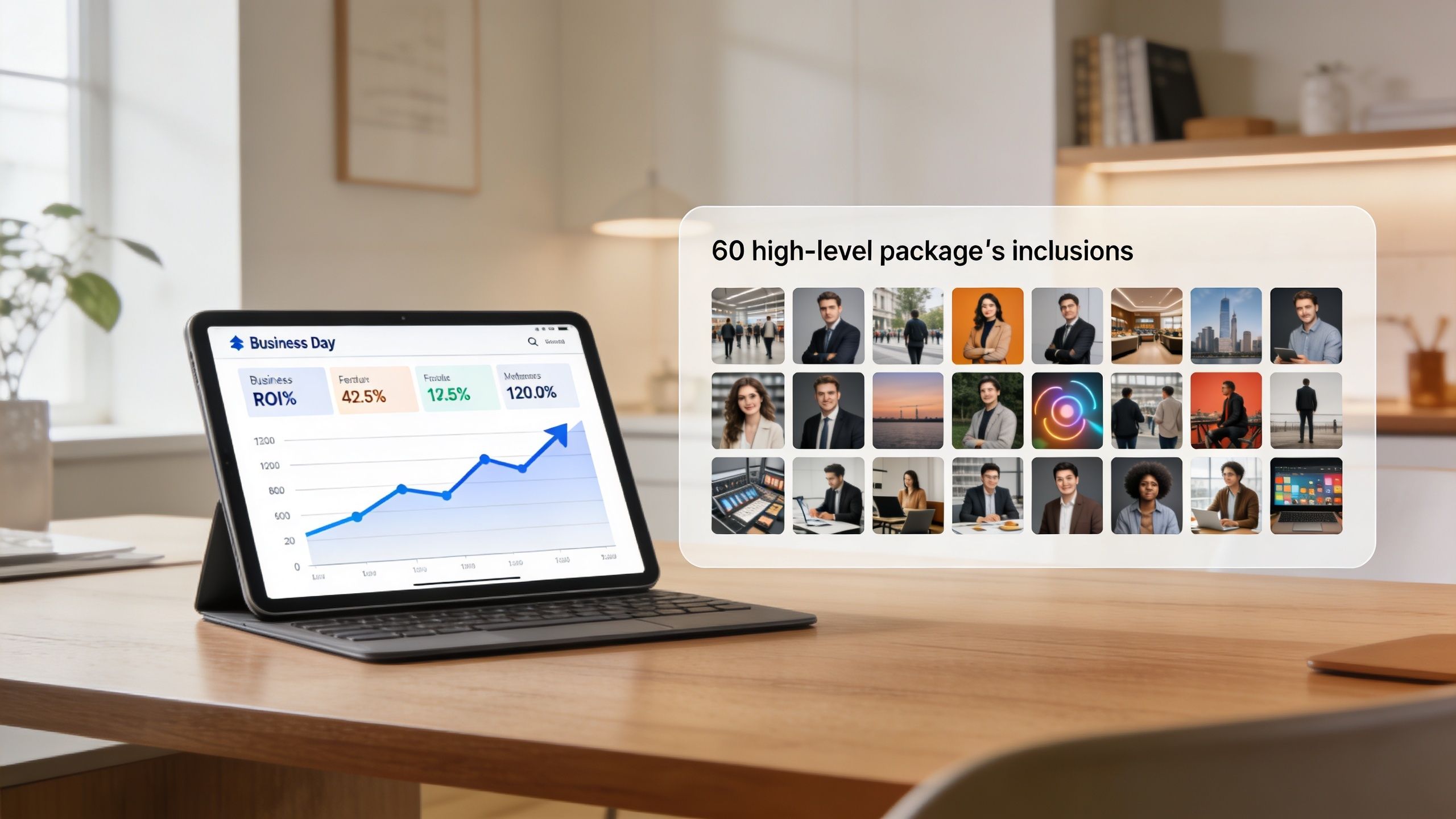 A digital tablet showing business analytics data sitting on a table next to a selection of professional icons.