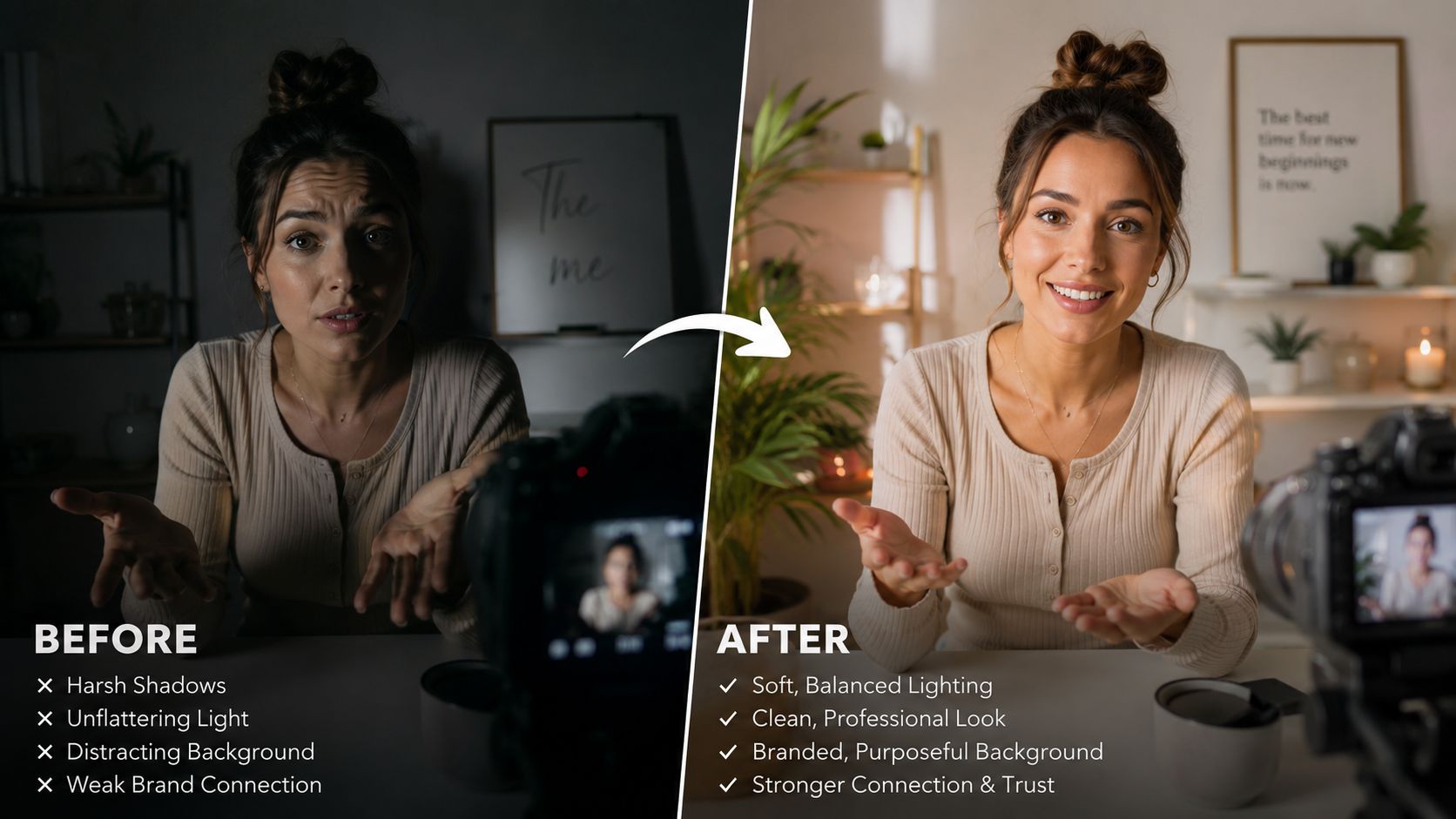 A split image comparison showing the impact of professional lighting setup on a video creator's appearance.
