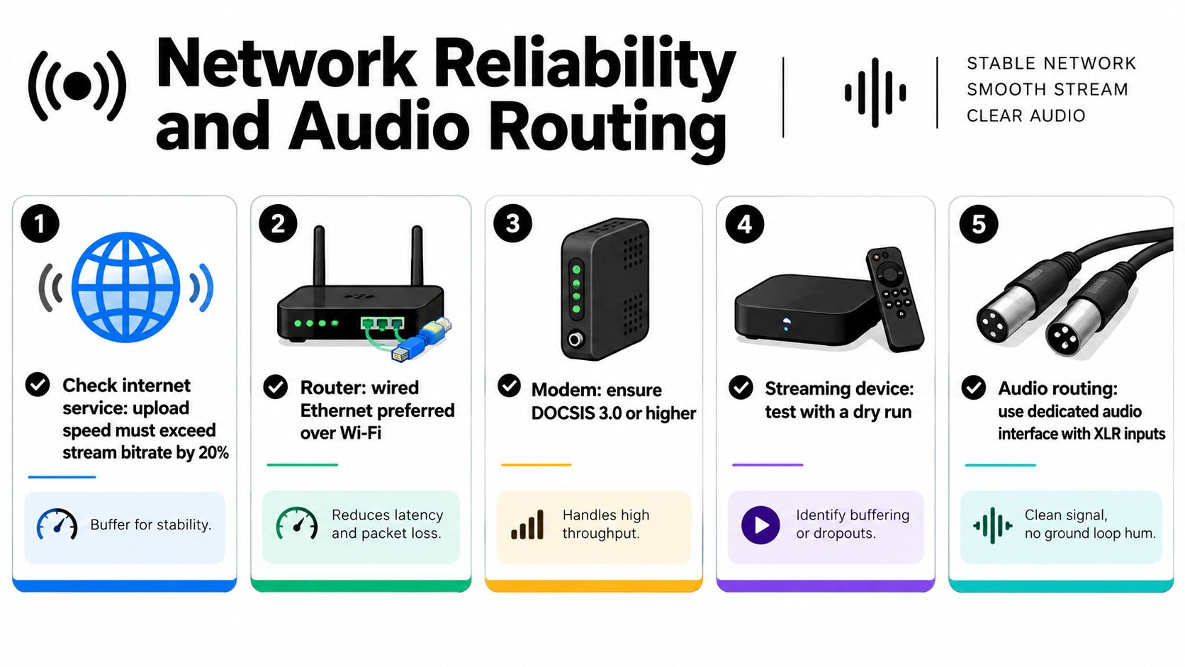 An infographic titled Network Reliability and Audio Routing showing five steps for a successful live stream.