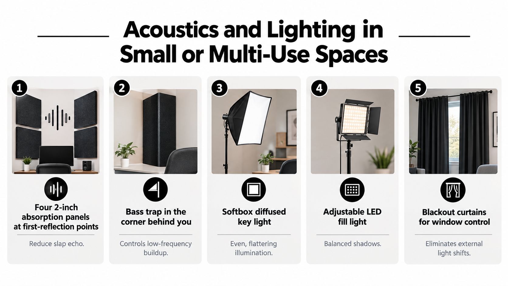 A five-step guide showing essential acoustic panels and studio lighting equipment for optimizing small video recording spaces.