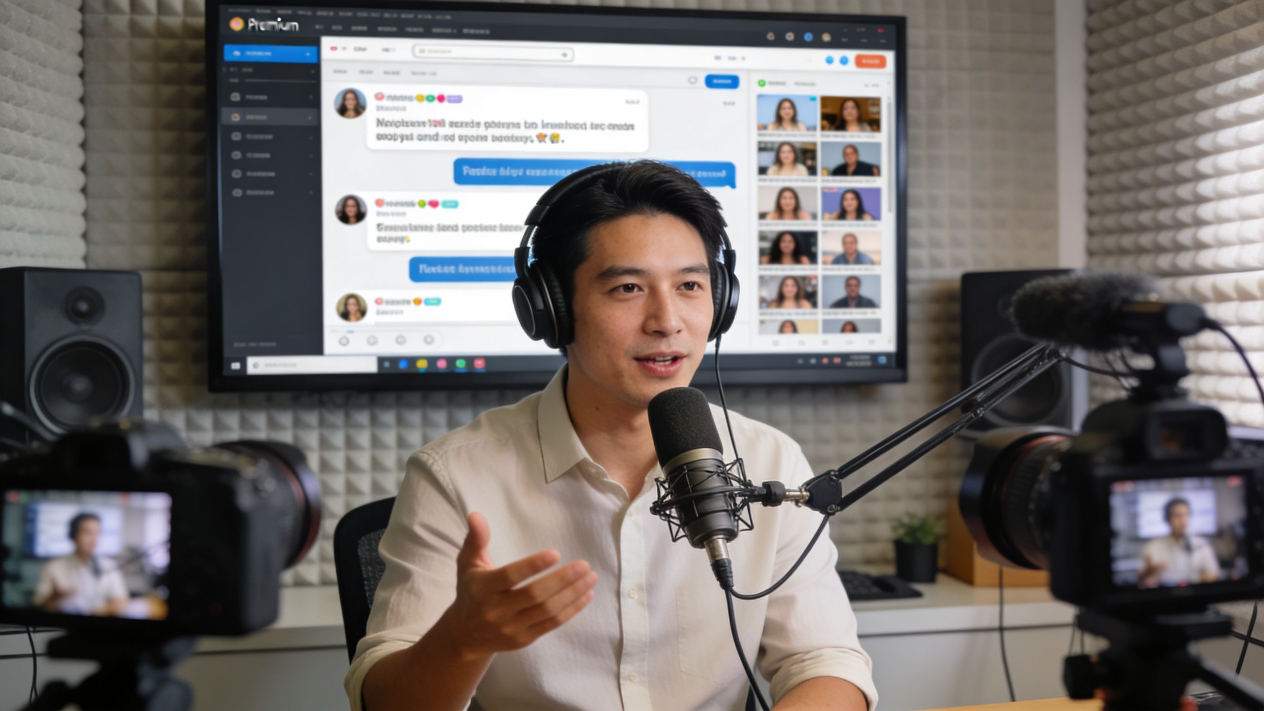 A podcast host speaks into a microphone during a professional livestream production in a studio.