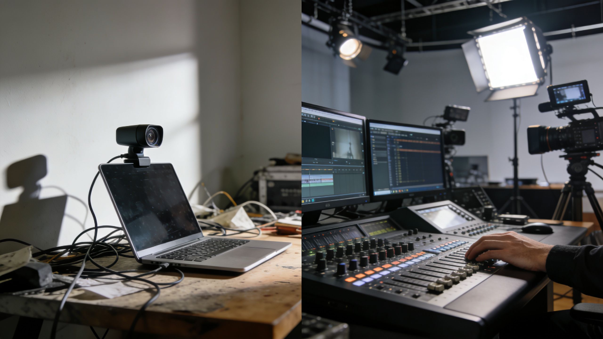 A split-screen comparison showing a simple laptop setup alongside a professional studio livestream production environment.