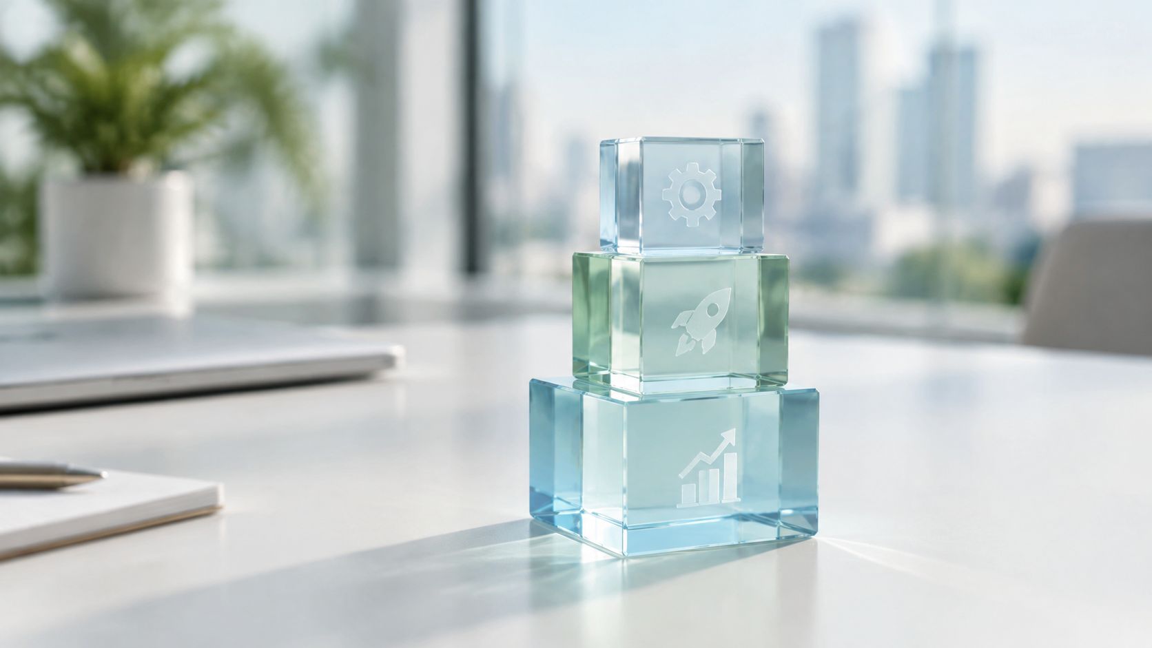 Three stacked glass cubes with icons of a gear, a rocket, and a bar chart on a desk.