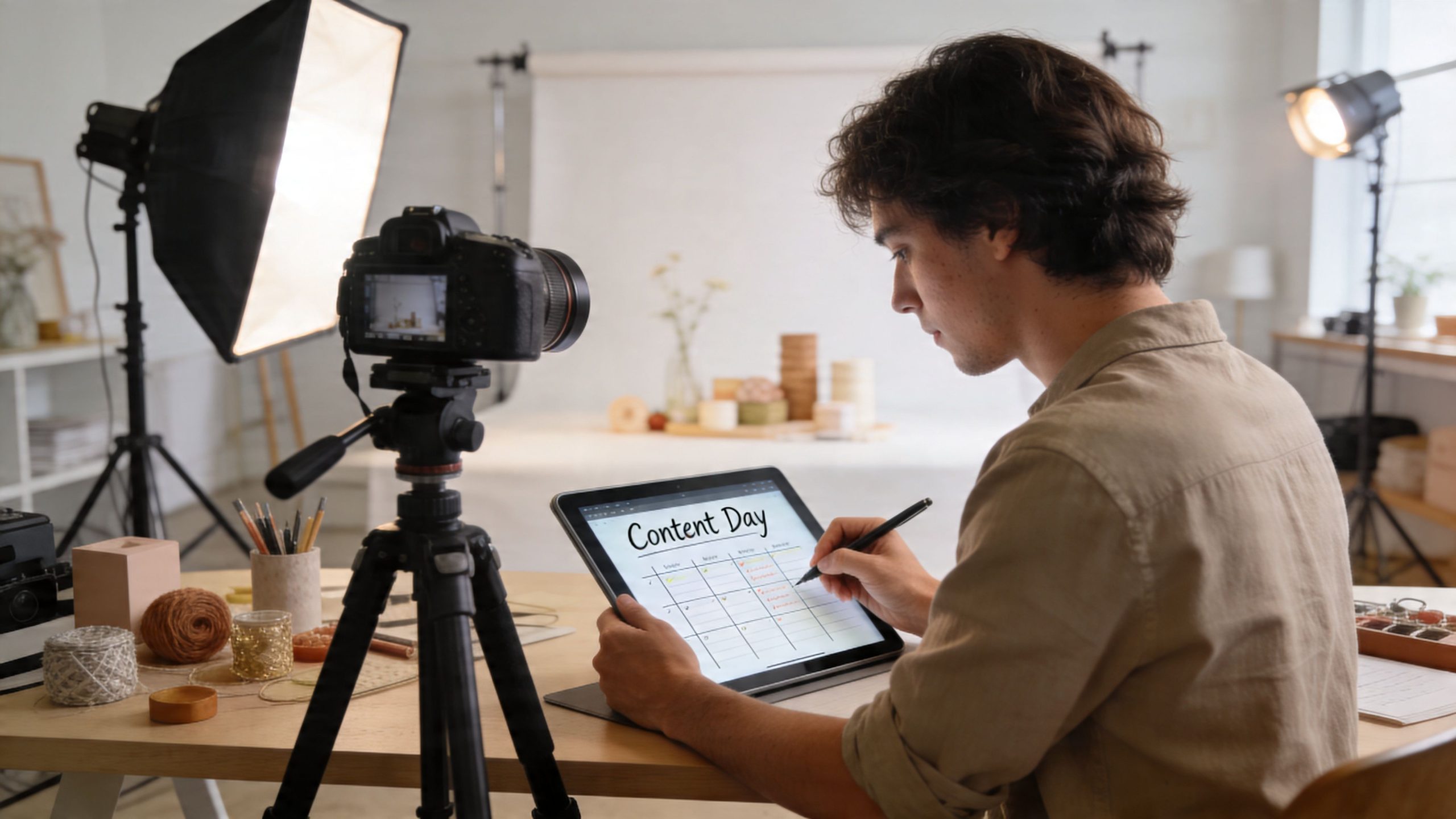 A young content creator uses a digital tablet to plan his schedule in a bright home studio.