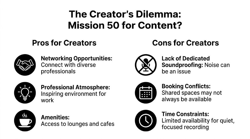 A graphic comparing the pros and cons of using Mission 50 as a workspace for content creators.