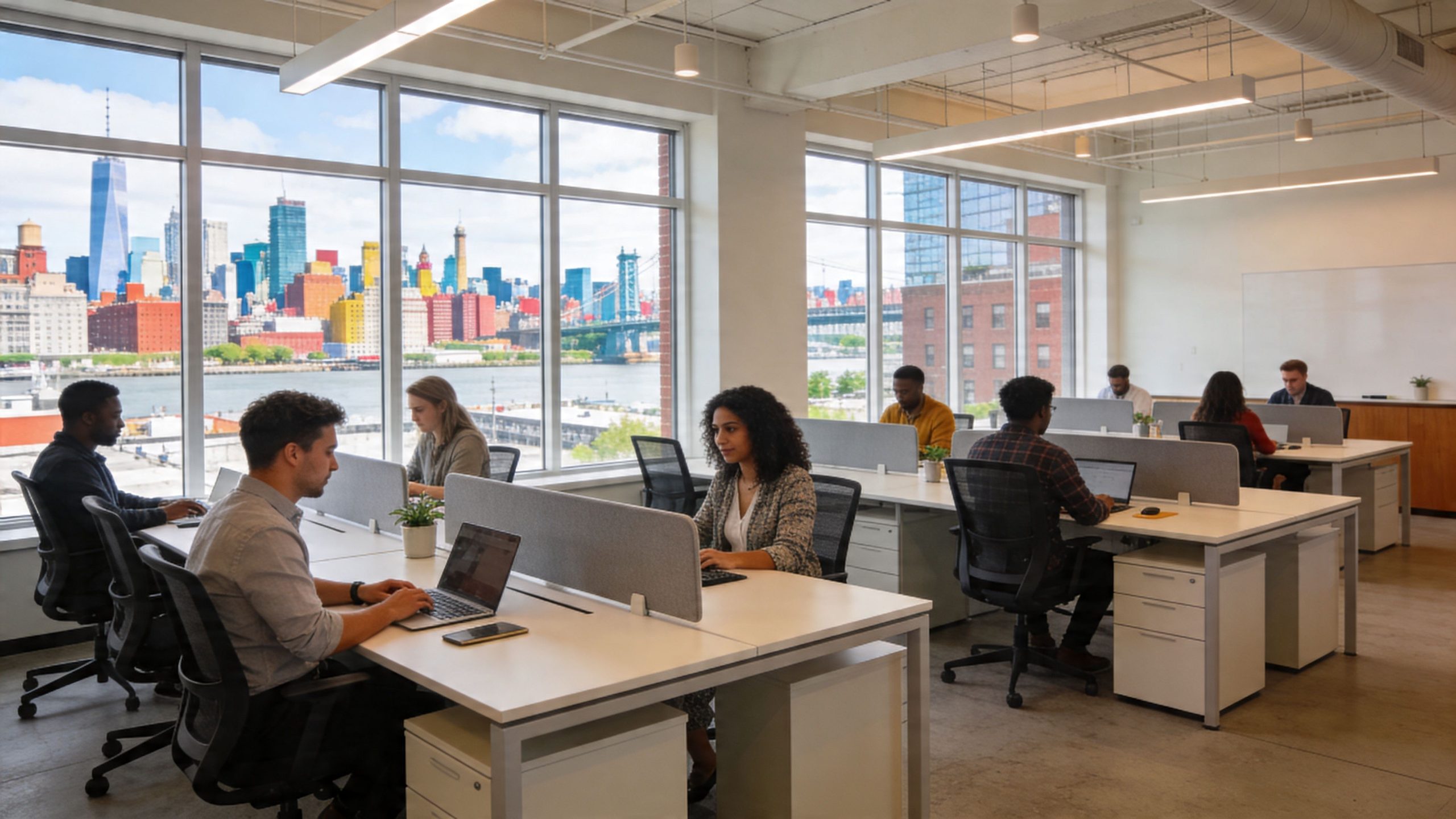 Diverse professionals working in a modern office with large windows overlooking the New York City skyline.