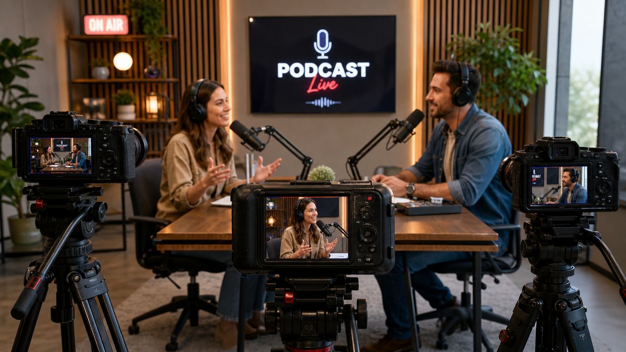 A professional studio setup with two hosts recording a live podcast using a multi-camera production system.