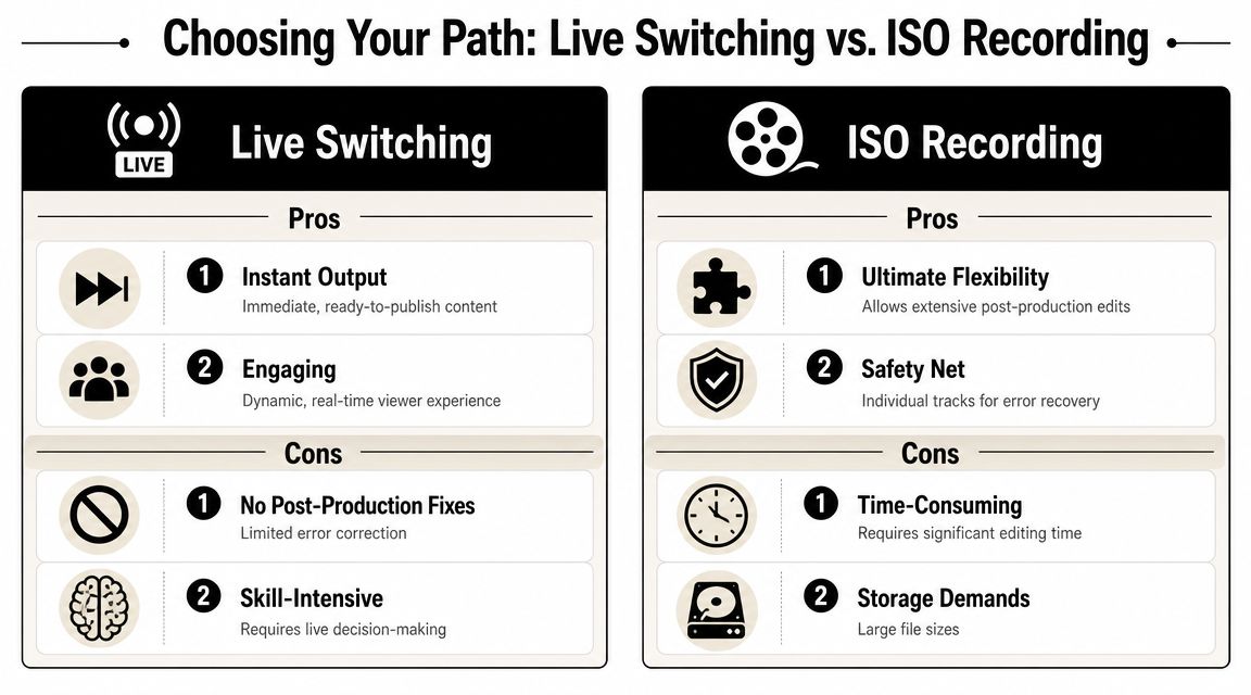 A comparison infographic showing pros and cons of live switching versus ISO recording for video production workflows.