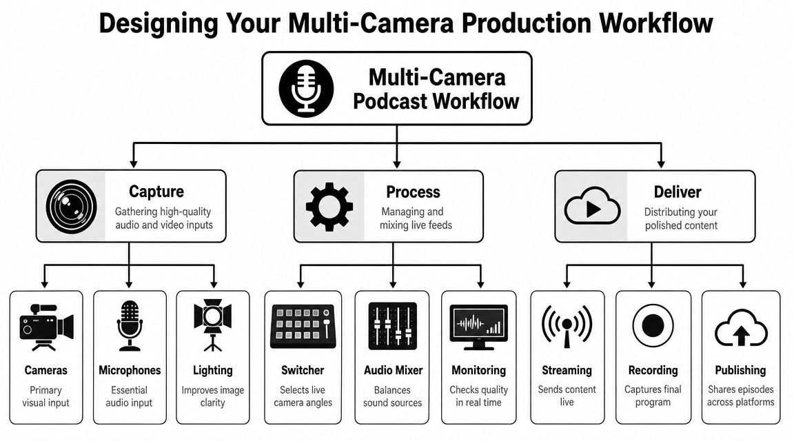 A flowchart diagram explaining the multi-camera podcast production workflow from capturing, processing, to delivering content.