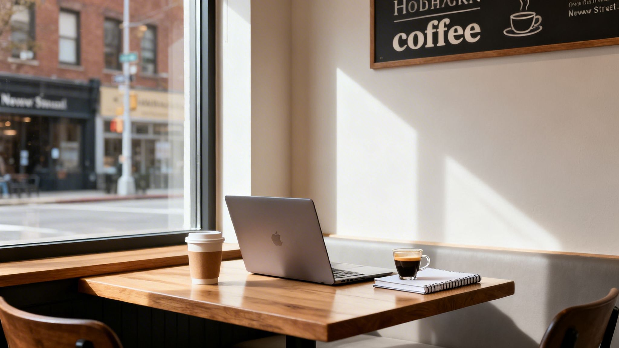 Sunlit cafe table with a laptop, coffee, and notebook, overlooking an urban street.