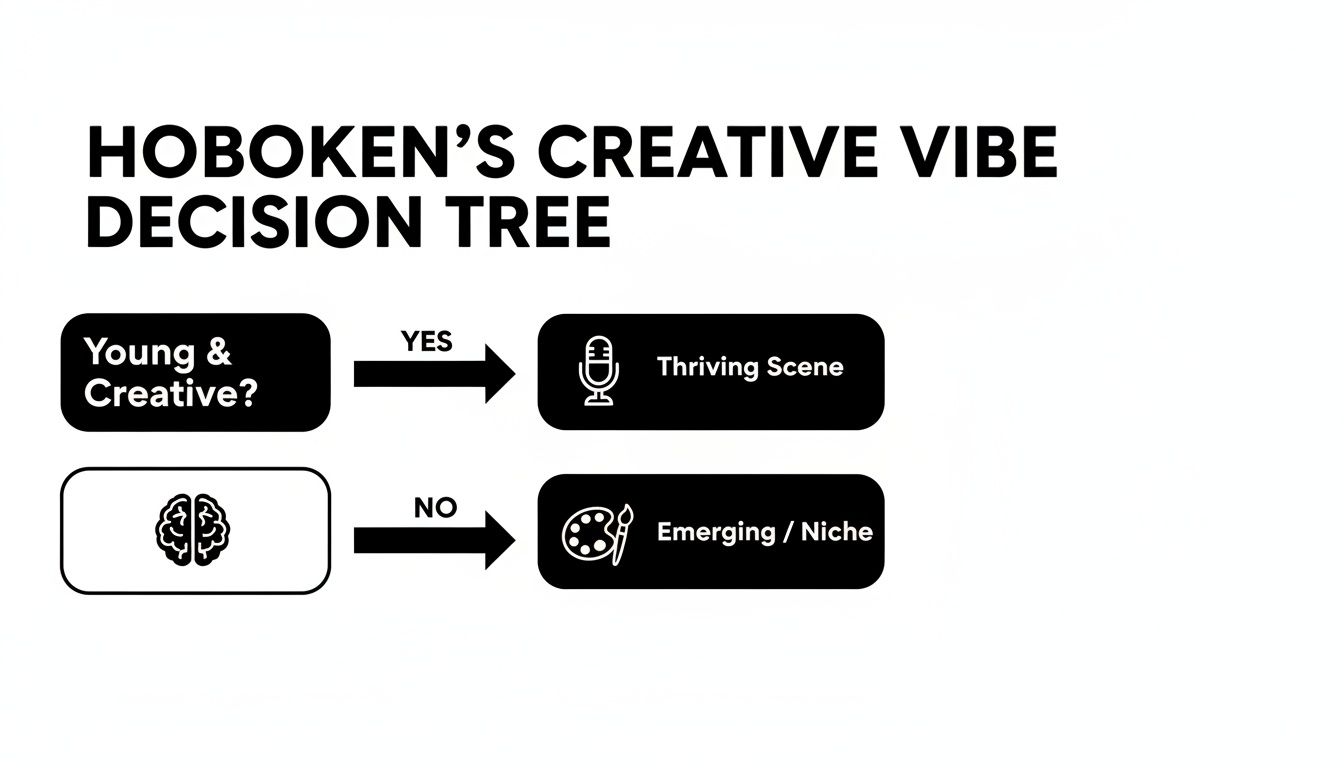 A decision tree flowchart illustrating Hoboken's creative scene: Young & Creative leads to Thriving Scene or Emerging/Niche.