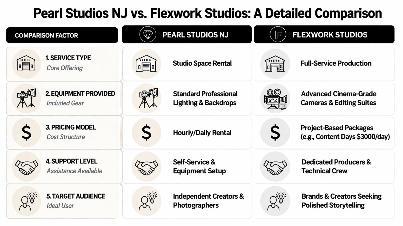 A comparison table outlining the differences between Pearl Studios NJ and Flexwork Studios across five key service factors.