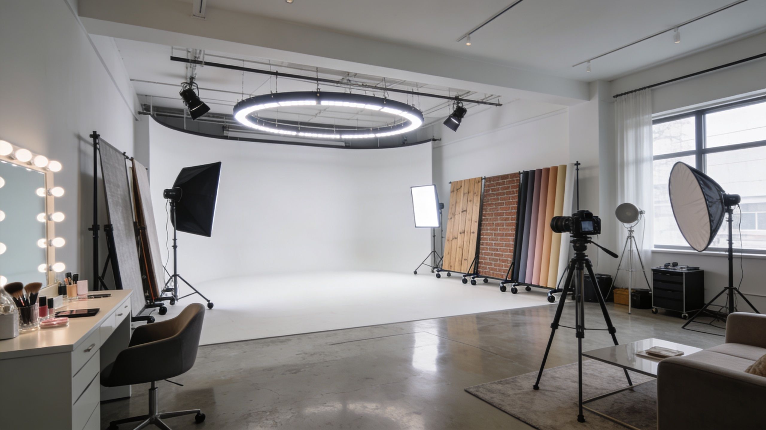 A professional photography studio featuring a white cyclorama wall, studio lighting, camera equipment, and backdrops.