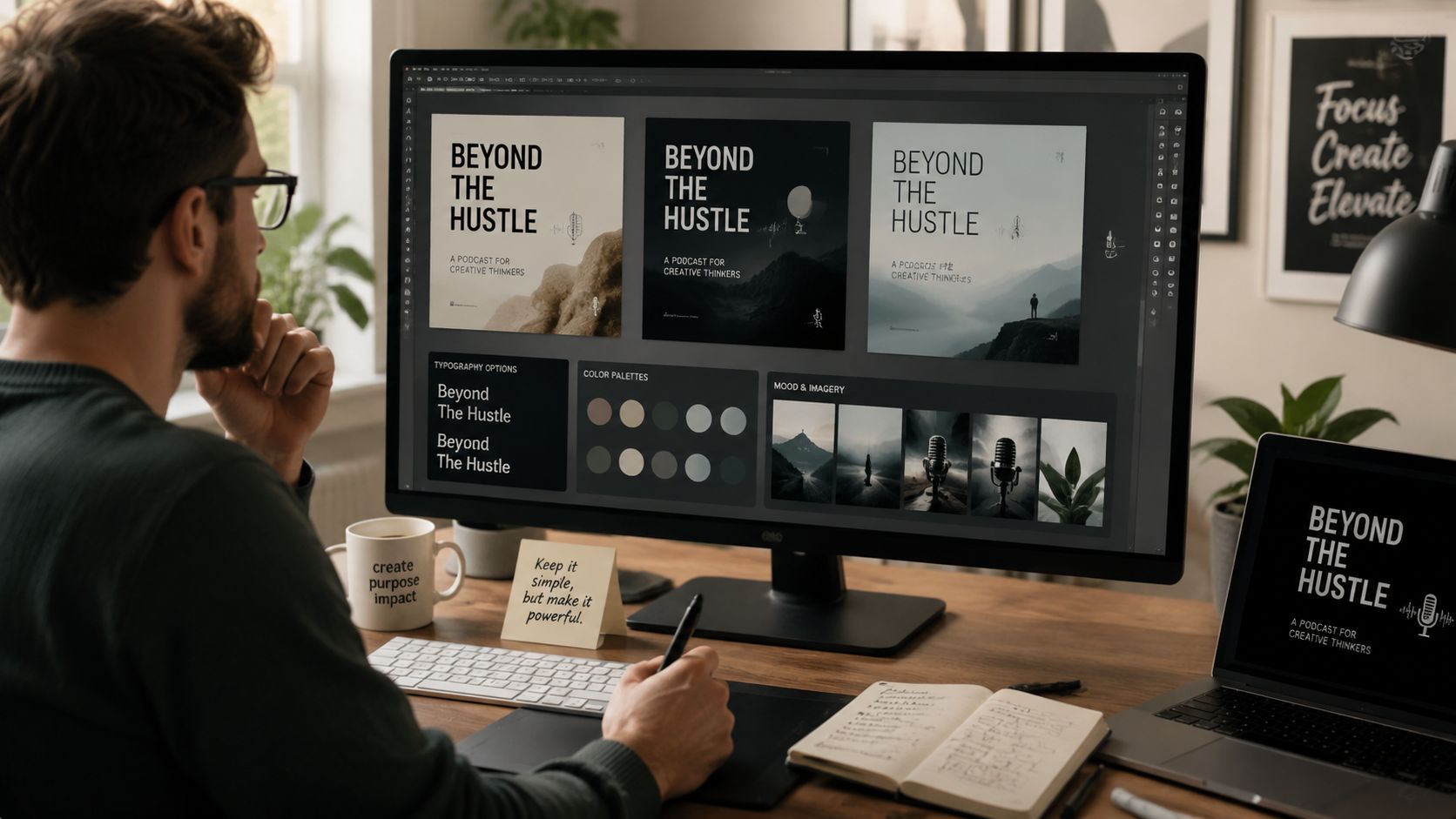 A graphic designer working on podcast cover art concepts on a desktop monitor in a home office.