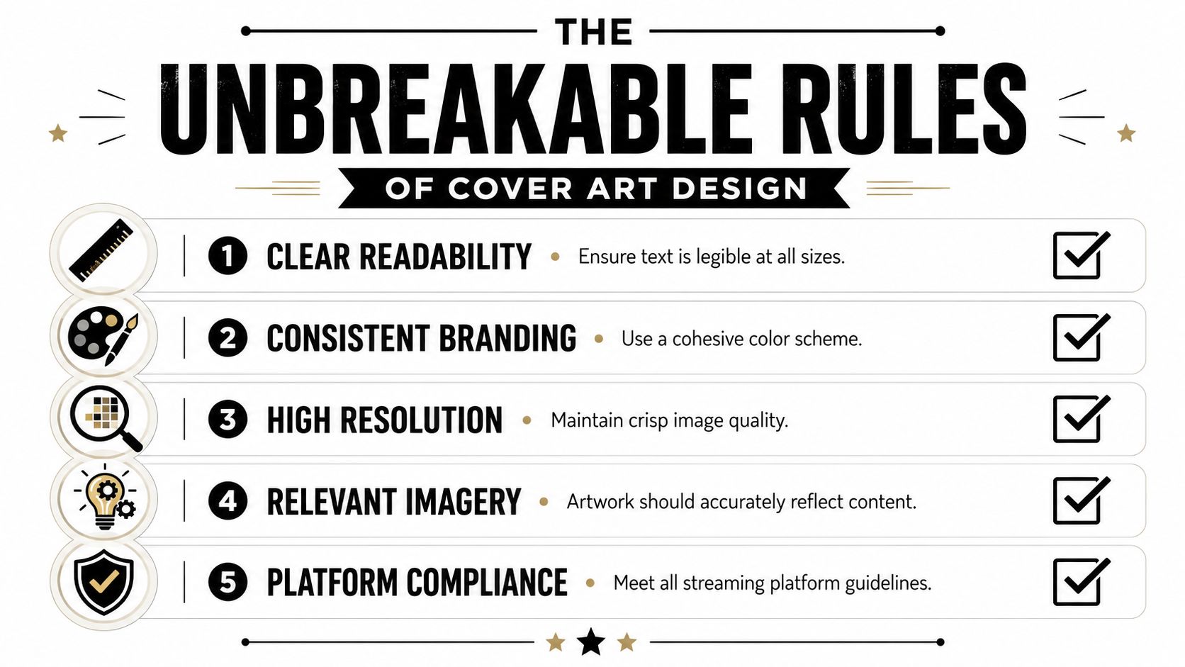 An infographic titled The Unbreakable Rules of Cover Art Design listing five essential tips for creators.