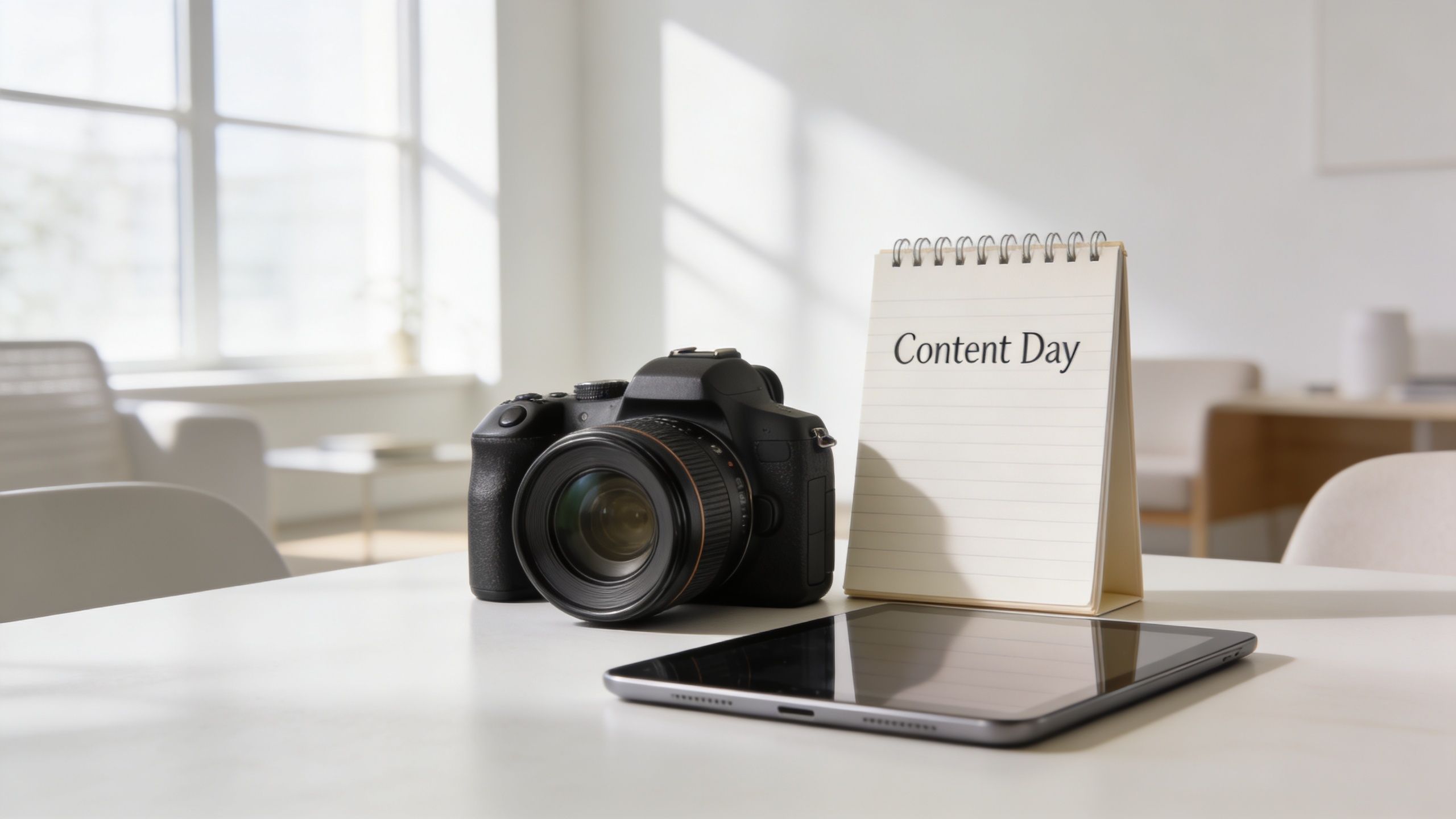 A digital camera, tablet, and notepad labeled Content Day on a white desk in a bright office.