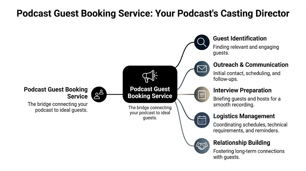 A diagram illustrating the key functions of a professional podcast guest booking service and its benefits.