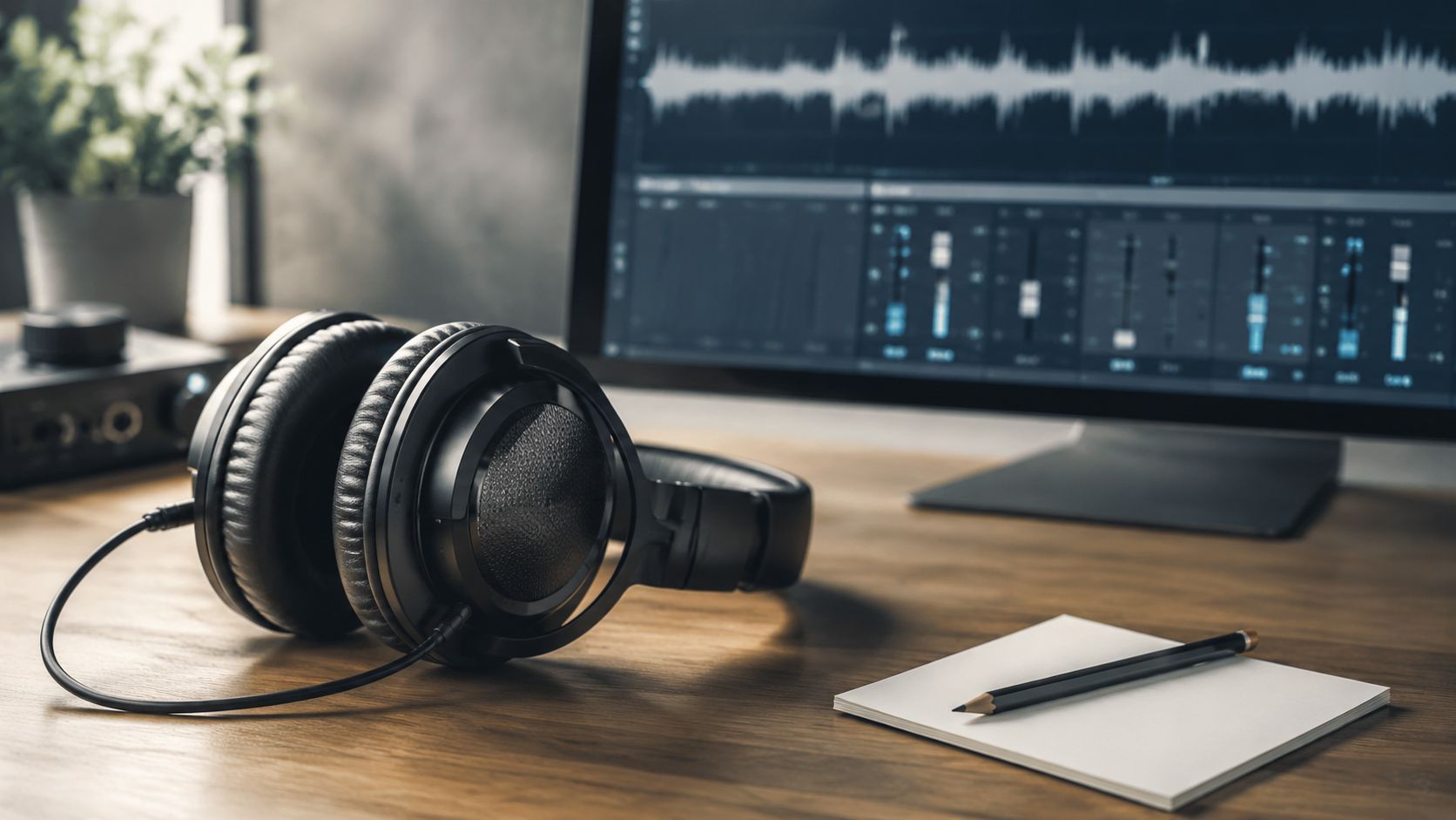 A professional audio editing workspace featuring a pair of over-ear headphones, a monitor, and a notepad.