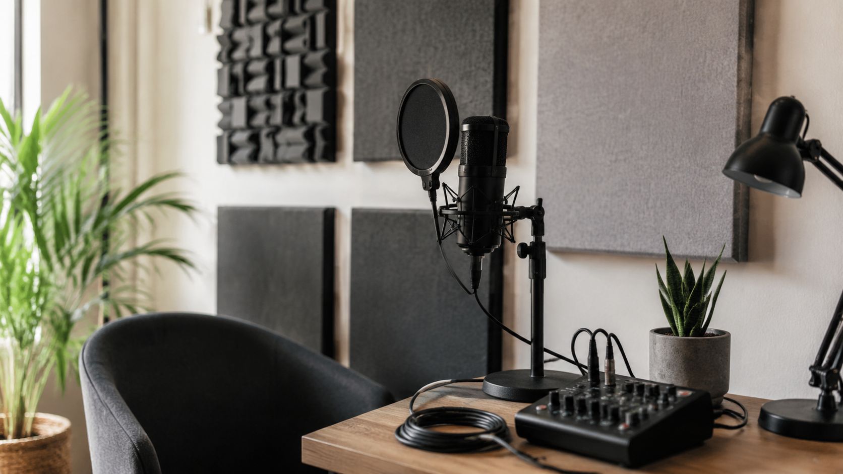 A professional podcast recording setup featuring a studio microphone, mixer console, and desk lamp on a wooden table.