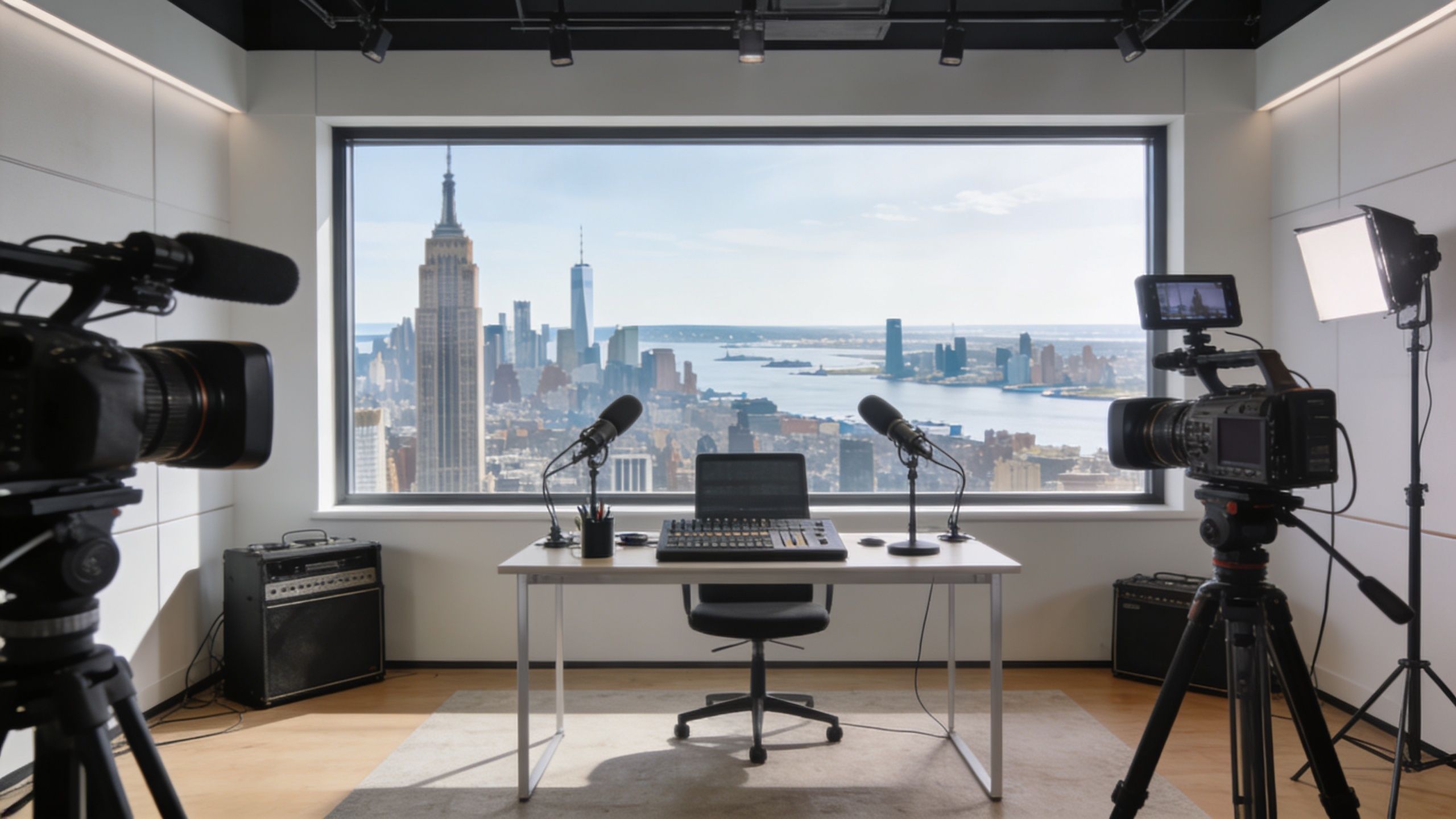 A professional podcast studio setup with cameras, microphones, and a sound mixer overlooking New York City.