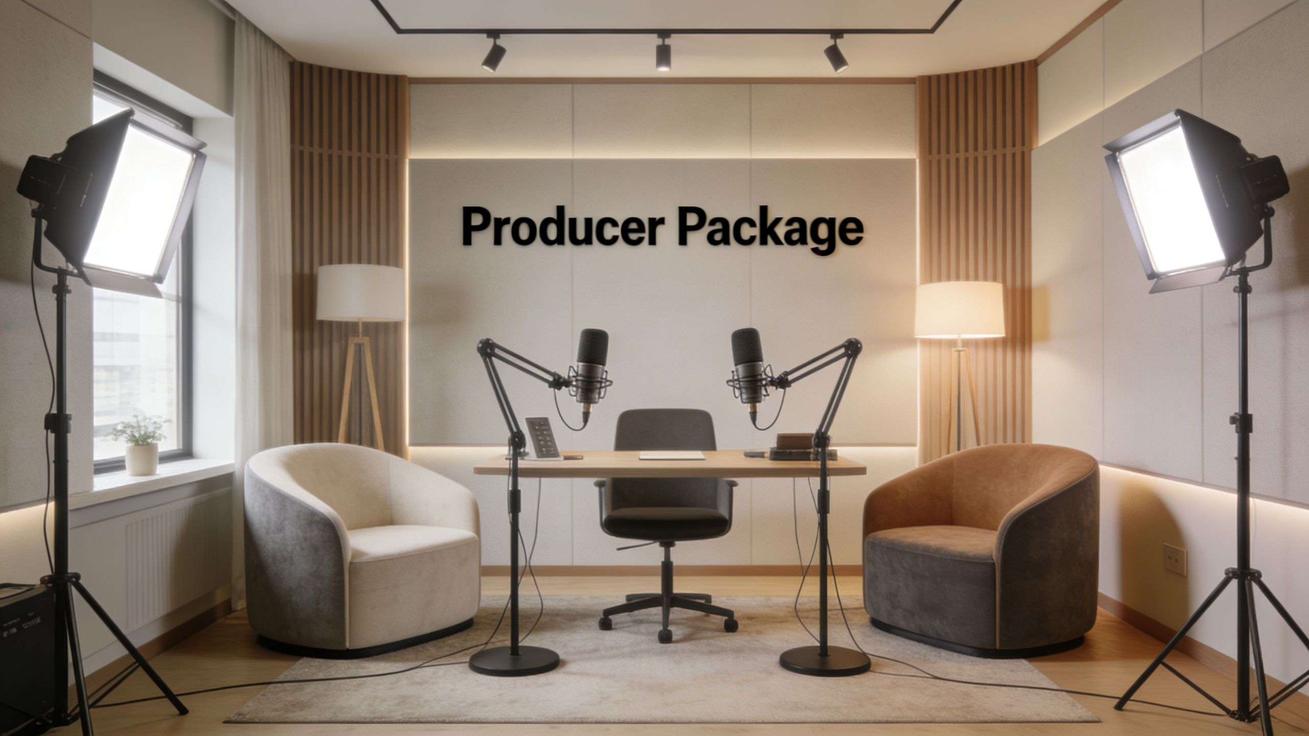 A professional podcast studio setup featuring two microphones, comfortable chairs, and studio lighting equipment.