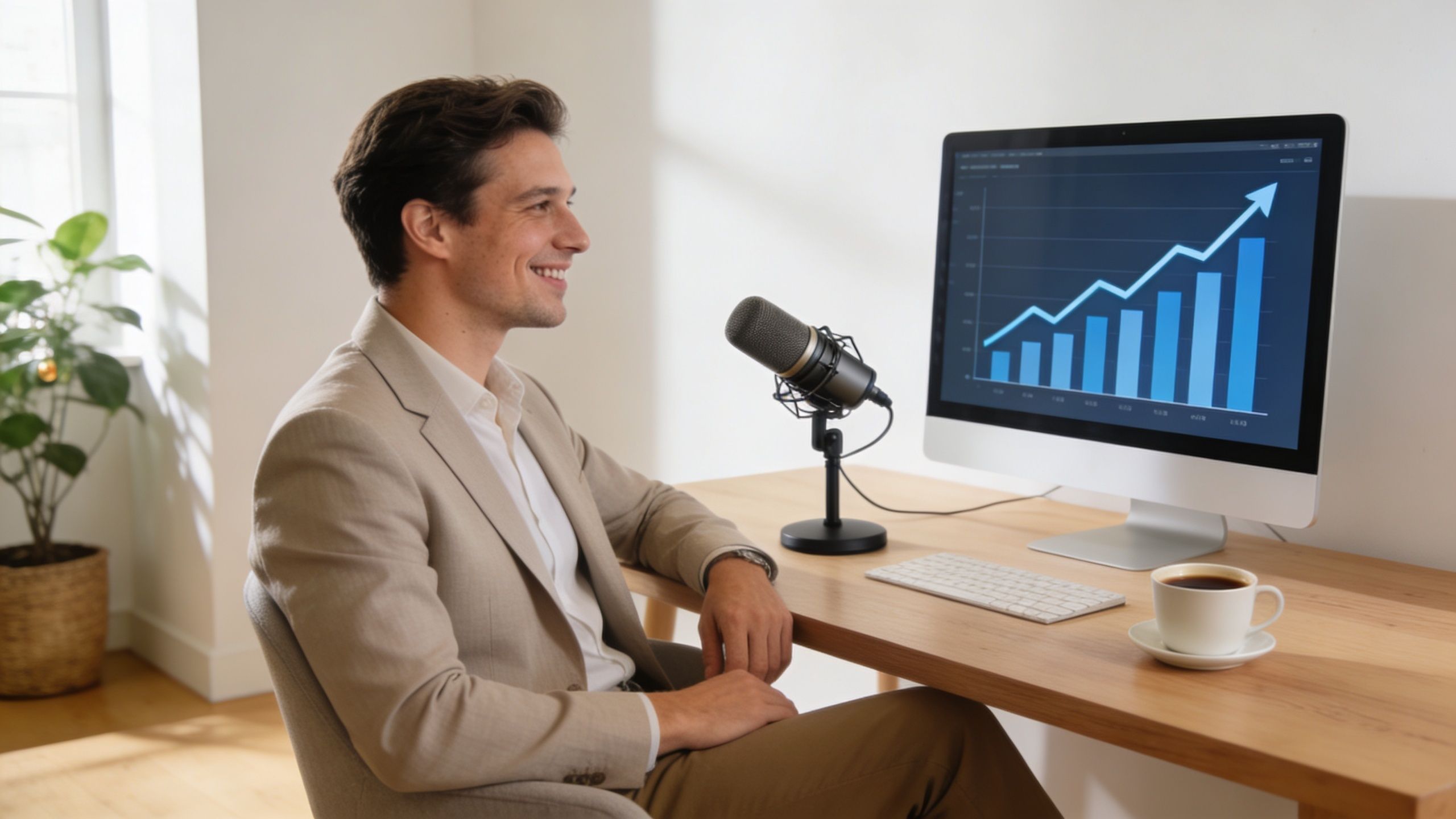 A professional man wearing a blazer sitting at a desk with a podcast microphone, recording an audio show.