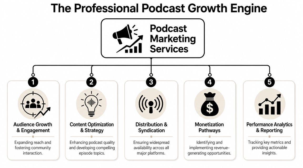 A diagram illustrating the five core components of a professional podcast marketing growth engine service.