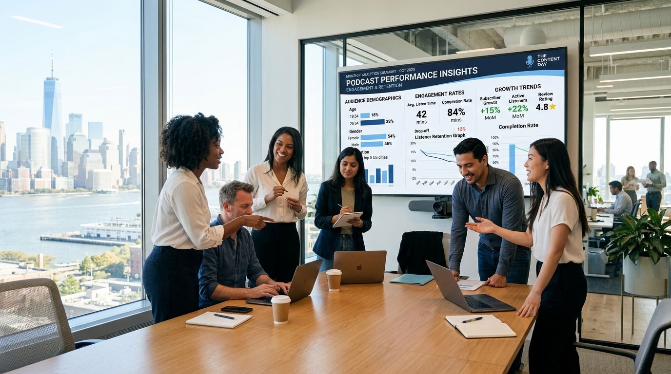 A professional team collaborating on podcast performance analytics during a meeting in a bright city office.