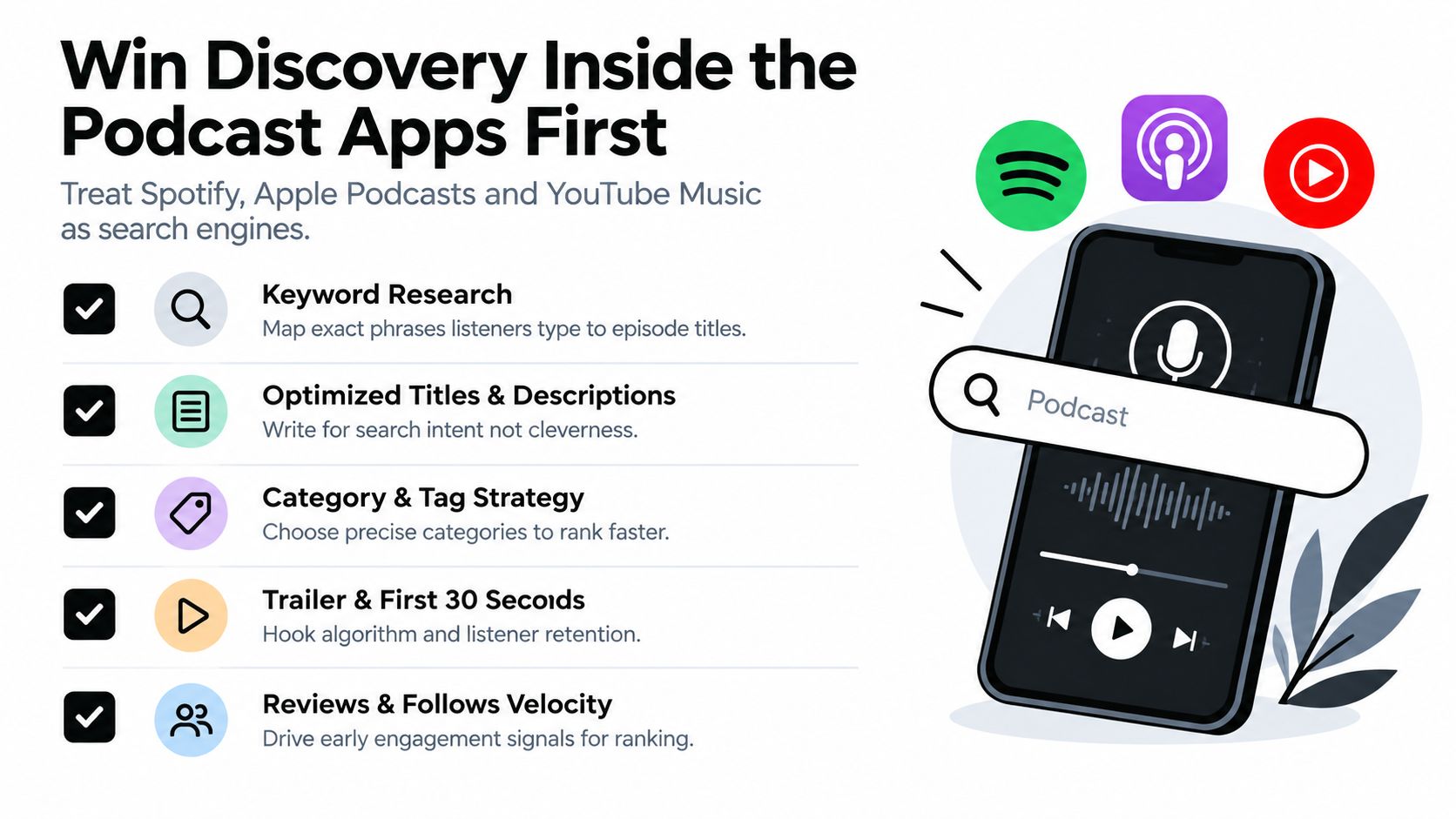 A graphic illustration detailing five essential podcast marketing strategies for better discovery on major listening apps.