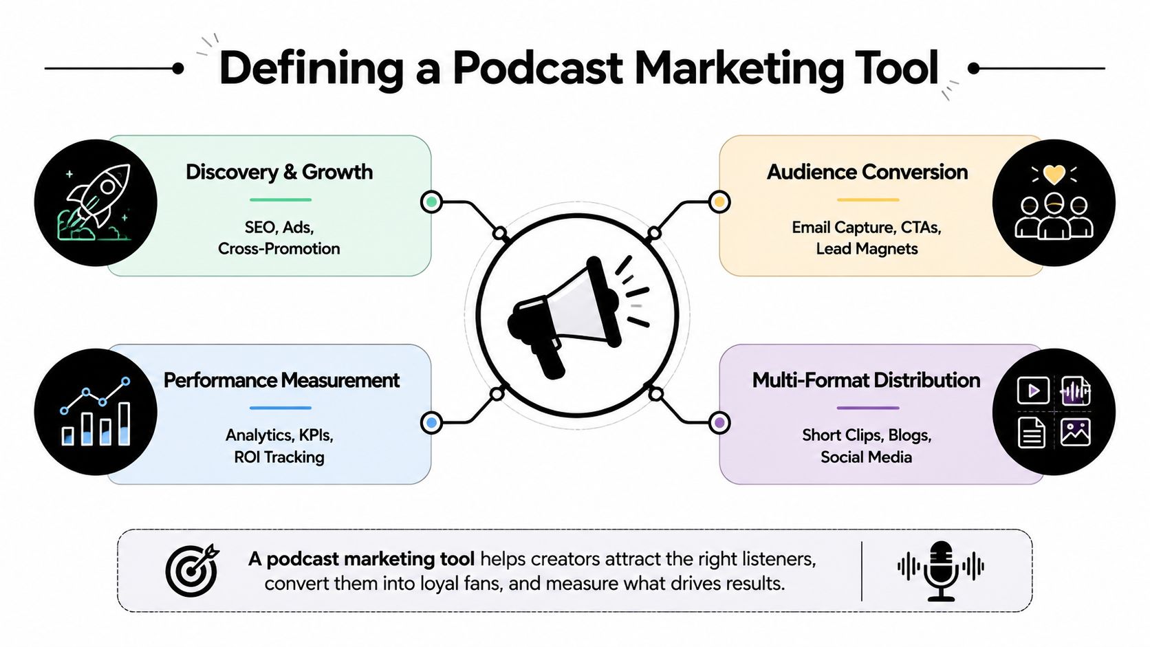 A diagram outlining key components of a podcast marketing tool including growth, conversion, distribution, and performance tracking.
