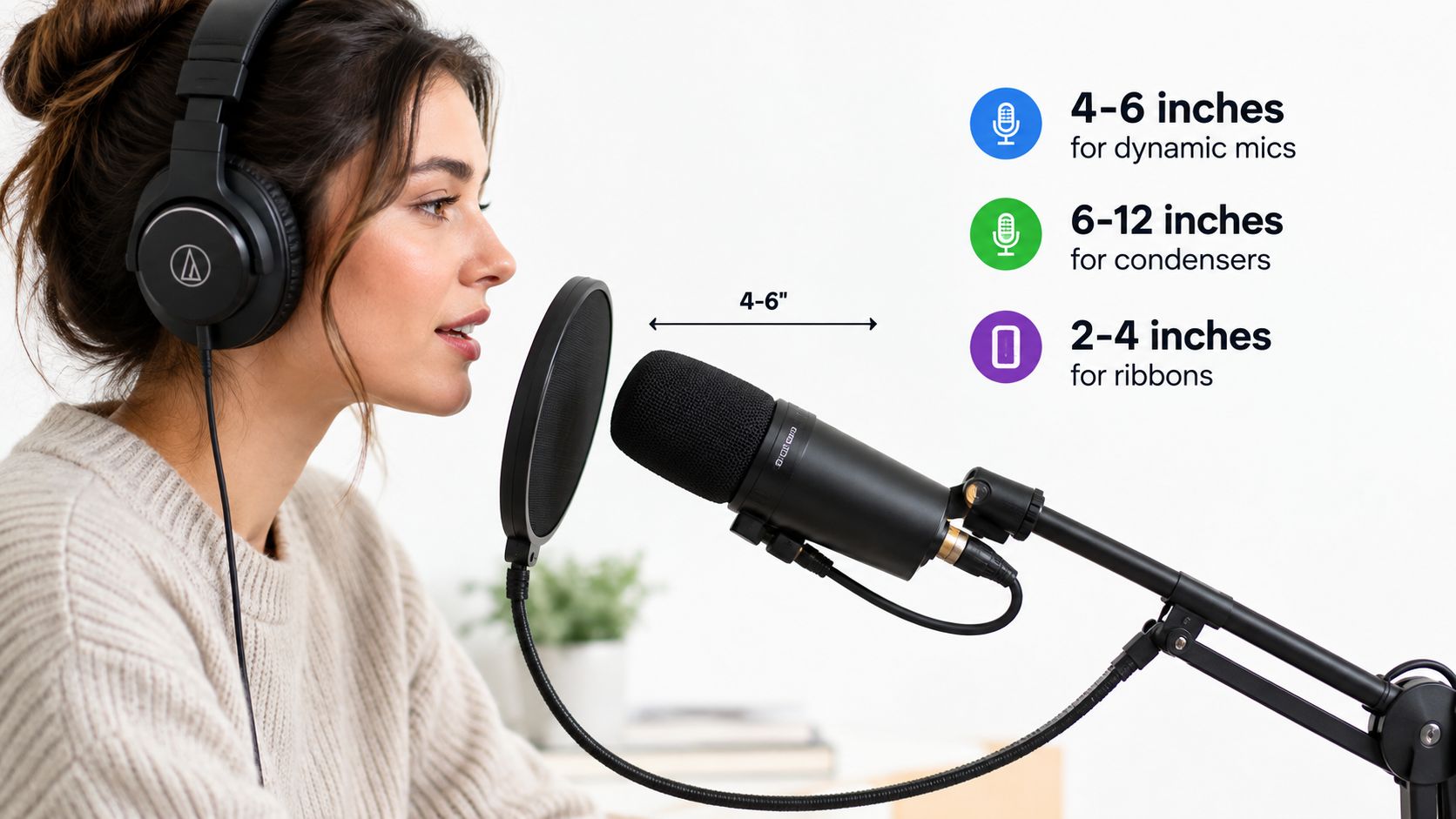 A woman using a microphone with a pop filter, displaying recommended distances for different microphone types.
